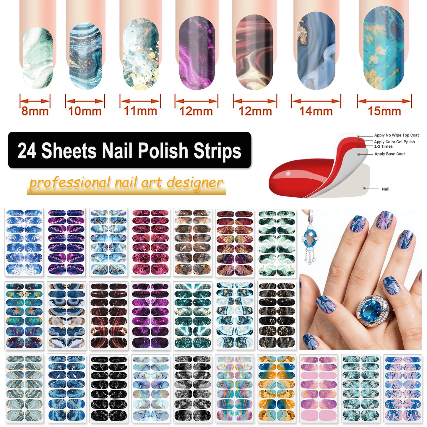 DANNEASY 336PCS/24 Sheets Nail Polish Strips - Marble Gel Nail Stickers Full Nail Wraps UV Free | Easy to Stick | Adhesive Sticker Nails for Women with 1 File, 1 Cuticle Stick