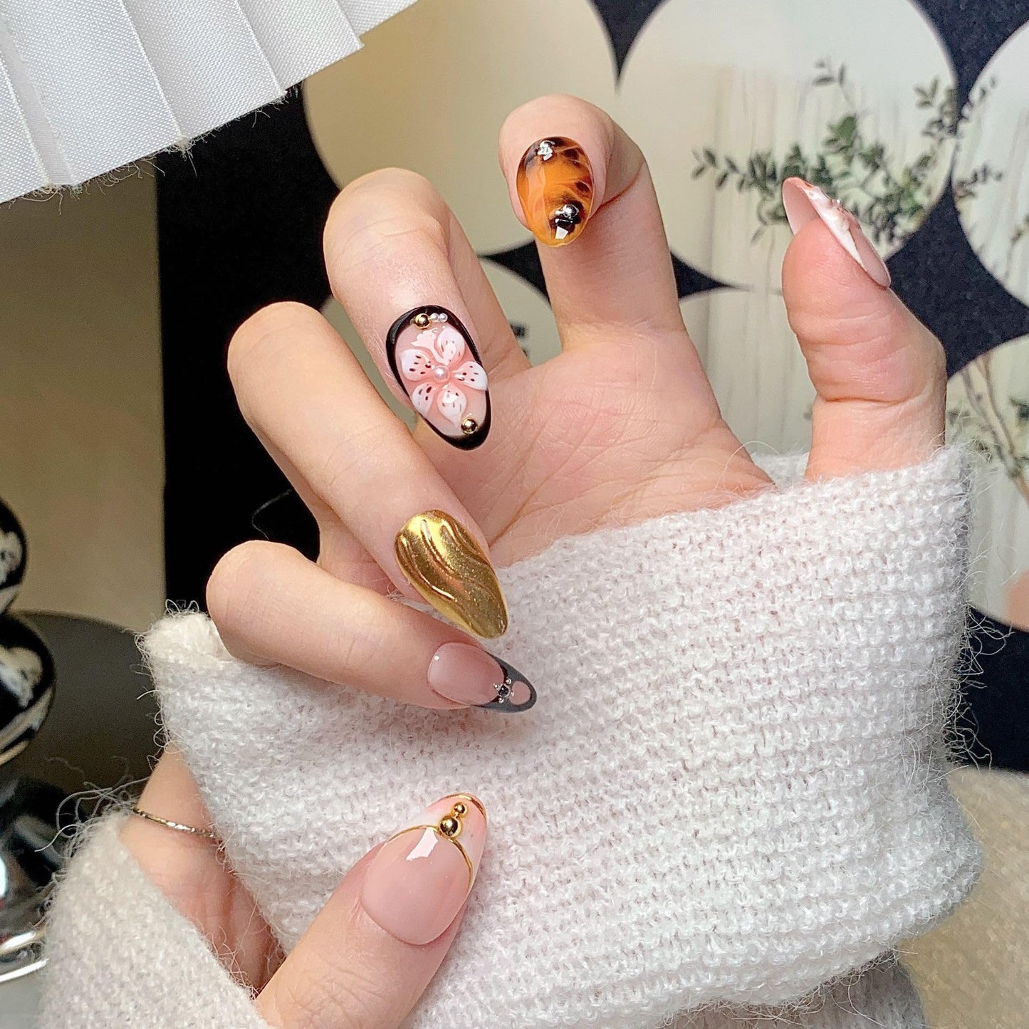 Almond Press on Nails Medium - Handmade Fake Nails with 3D Gold Flower Design - Winter Cherry Full Cover Glue on False Nails for Women - (Size S)