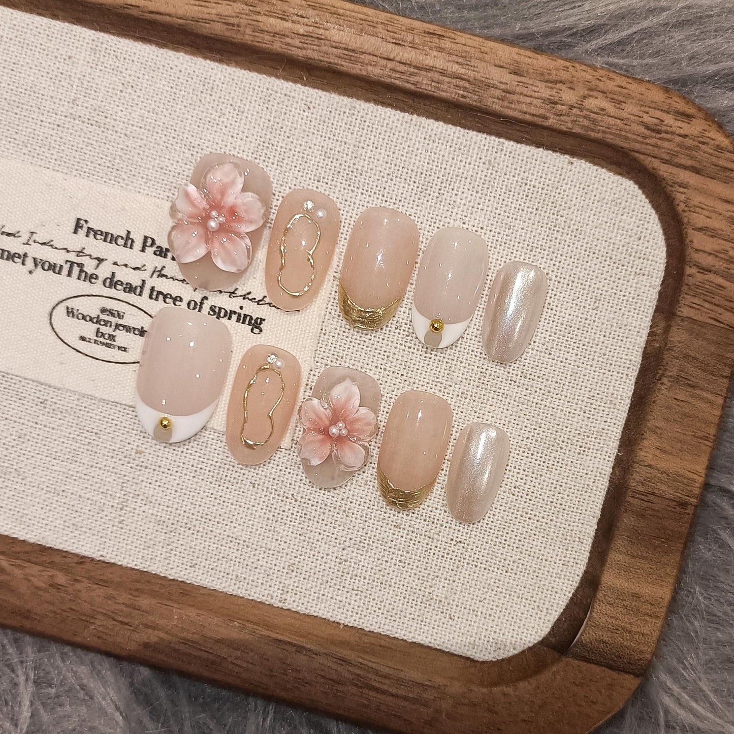 TENPAL Handmade Press on Nails Short Oval Shape,Frosted French 3D Floral Nails with Iridescent Accents,Nude Pink False Nails Kit 10pcs,Ethereal Elegant Designs Fake Nails for Daily(M)
