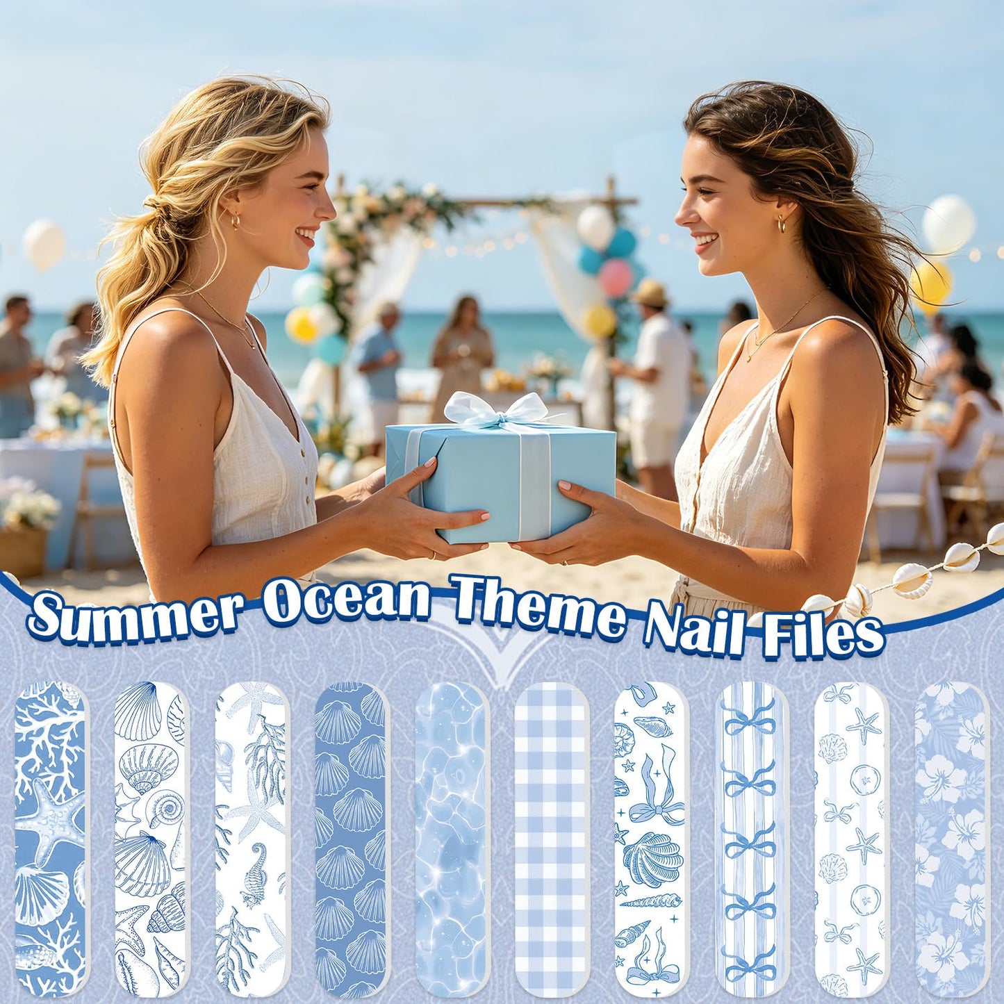 AnyDesign 50 Pcs Summer Nail Files Sea Seashell Coral Seahorse Double-Sided Emery Board Manicure Tools Ocean Blue Fingernails Shaping Buffing Smoothing Filers for Girl Women Gift Supplies
