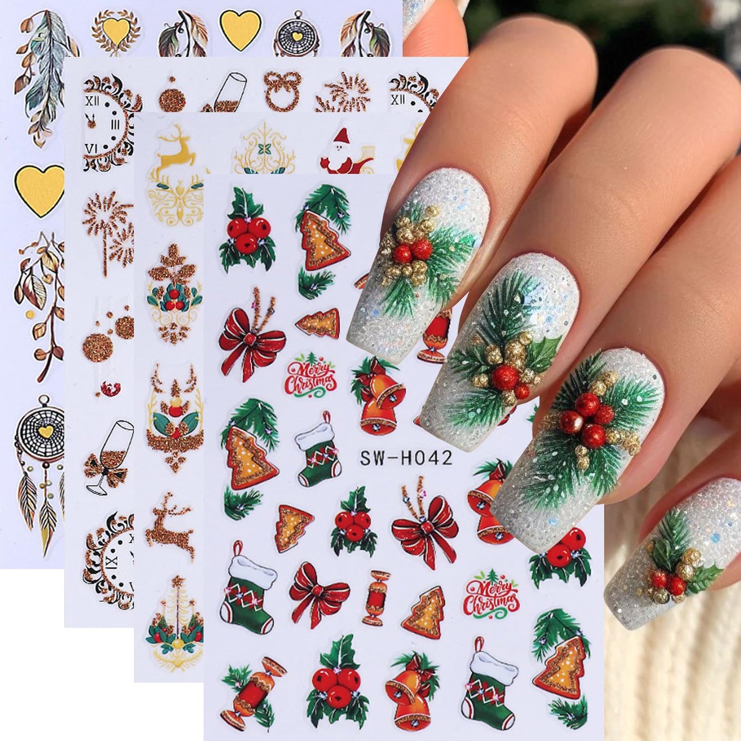 4Sheets Christmas Nail Art Stickers 3D Self-Adhesive Sock Bell Bow Nail Decals for Acrylic Nails Heart Dream Catcher Designs Nail Sticker Glitter Santa Claus Elk Nail Decal for Women DIY Nails Decor