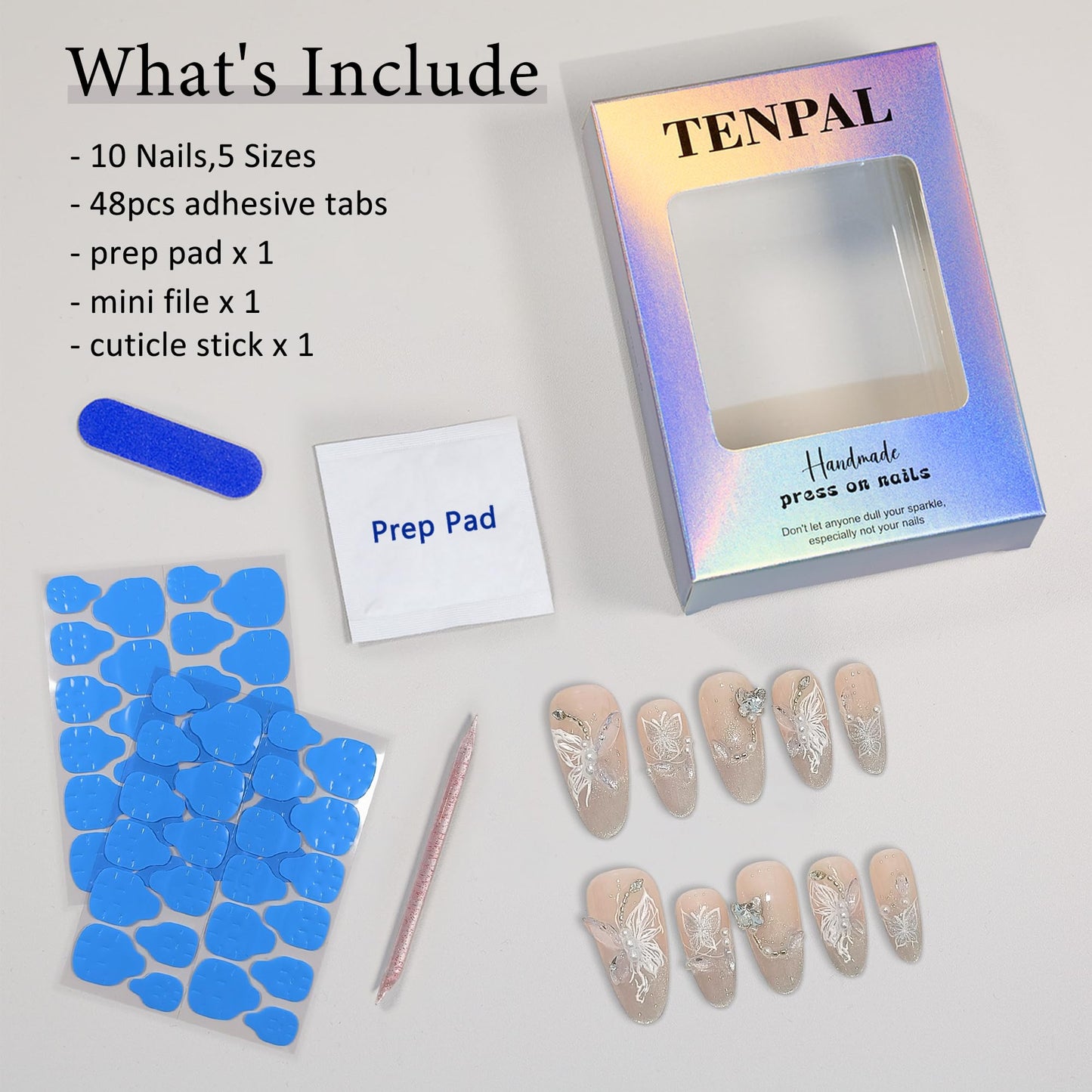 TENPAL 3D Butterfly Cat Eye Glitter French Press on Nails Medium Almond,Galaxy Icy Shimmer Rhinestones Designs with Full Manicure Kit 10pcs(XS)