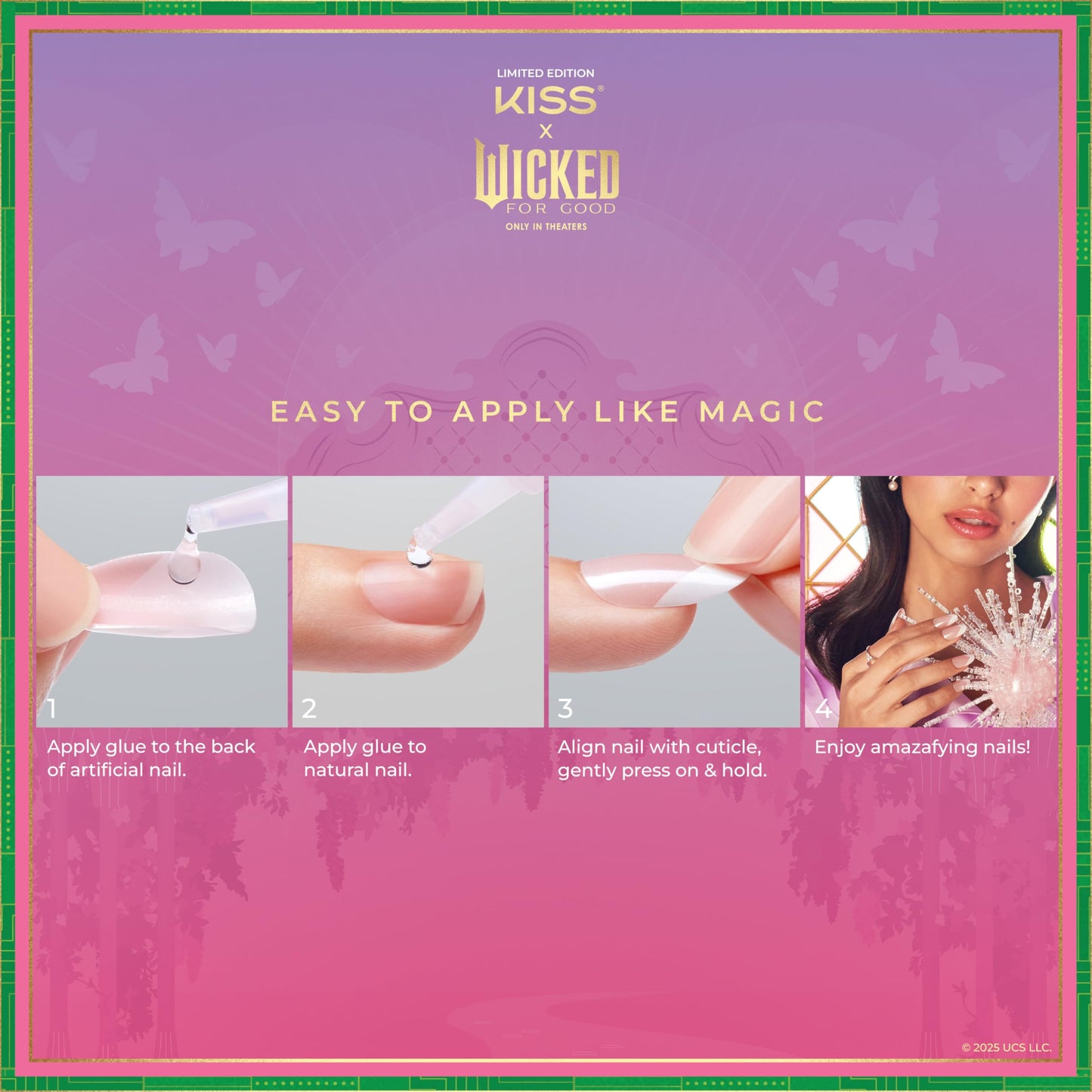 KISS X WICKED: FOR GOOD Press On Nails Almond, ‘My Future Is Unlimited’, Green, Medium, Waterproof, Chip Proof, Smudge Proof, 28 Fake Nails, Pink Gel Nail Glue (2g), Mini Nail File, & Manicure Stick