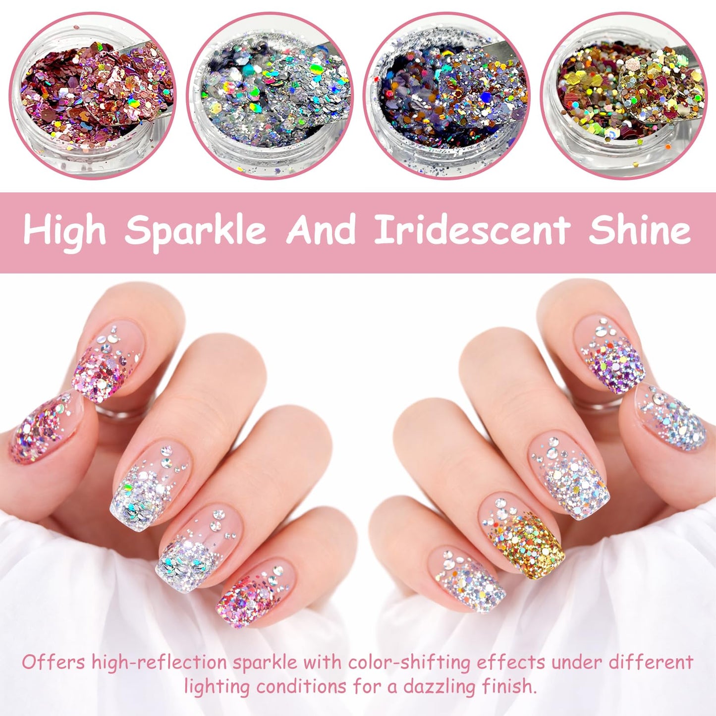 4-Color Iridescent Nail Glitter Set — Chunky Diamond Dust Foil Flakes for Gel Nails, Mermaid Makeup, Body & Resin Crafts