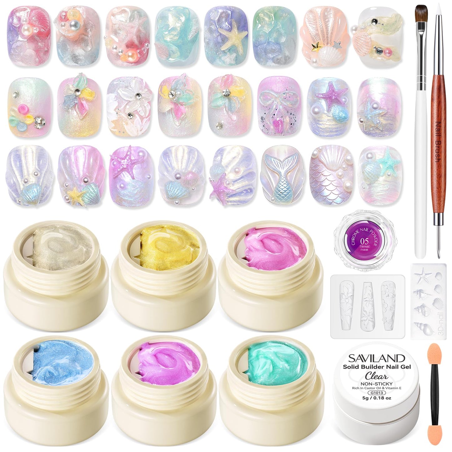 SAVILAND 3D Gel Nail Art Set: 6 Colors Dreamy Aurora 3D Nail Gels No Wipe Sculpting Gel for Nail Art with Clear Solid Builder Gels Chrome Powder Silicone Mold for Nails Design Home Salon Manicure DIY
