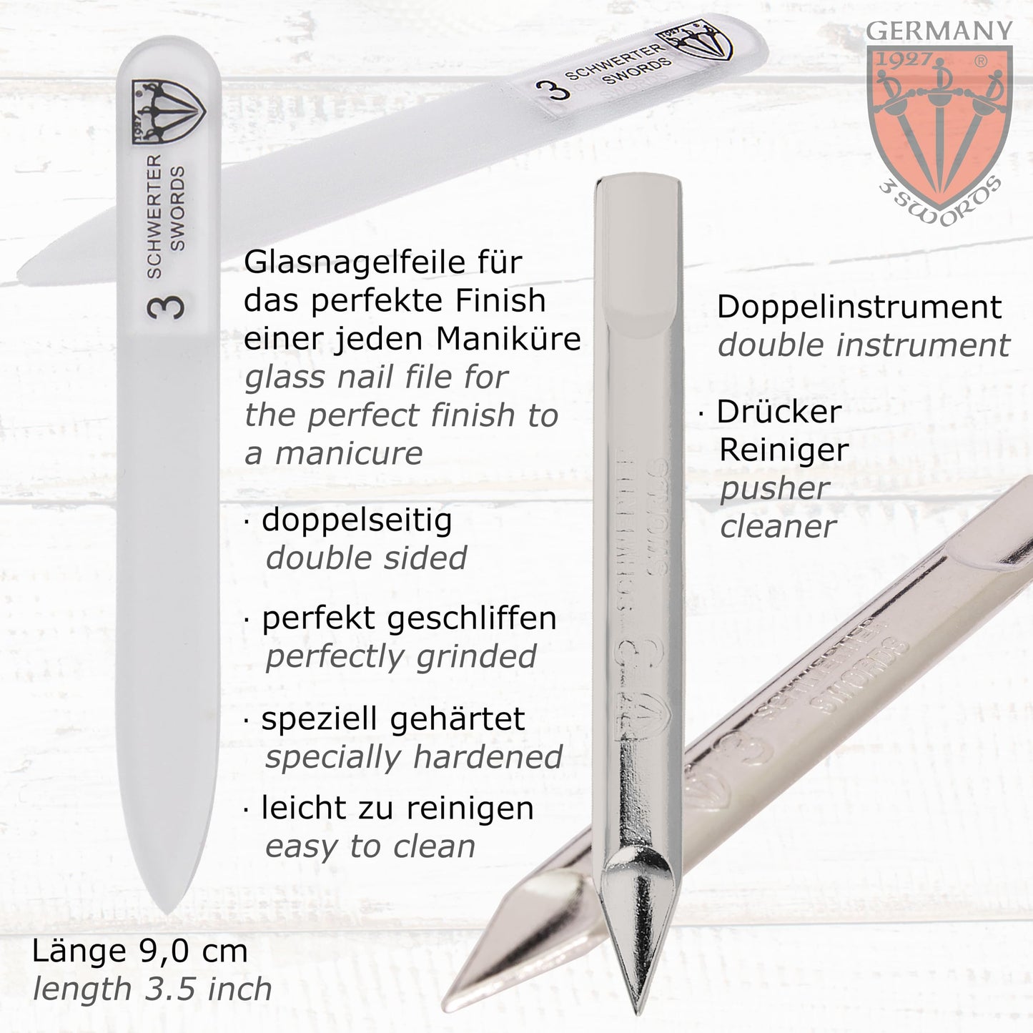 3 Swords Germany - brand quality 3 piece stainless steel INOX manicure pedicure grooming kit set for professional finger & toe nail care scissors file tweezers genuine leather case in gift box (03874)
