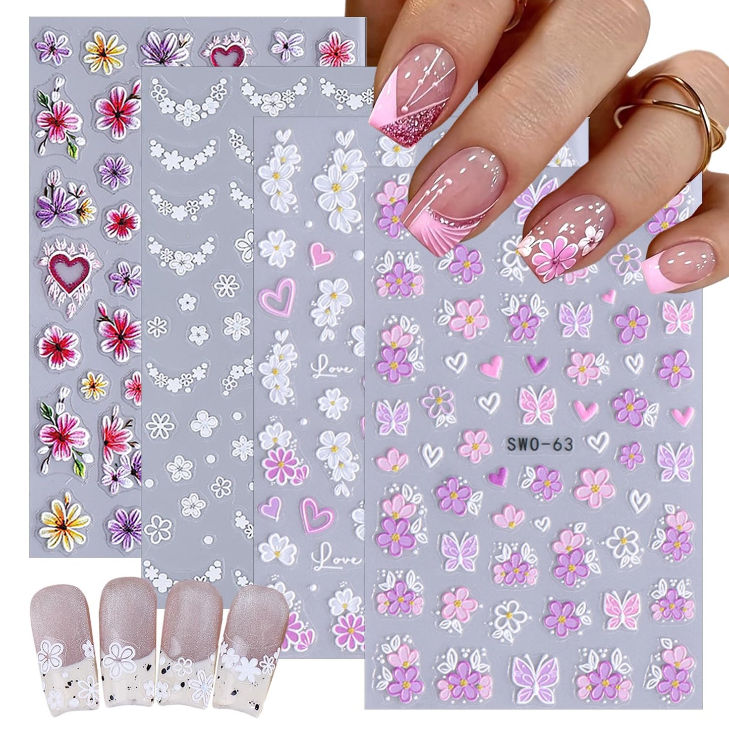 4 Sheets Pink White Flower Nail Art Stickers 3D Embossed Flowers Butterflies Hearts Nail Decals Cute French Floral Nail Stickers for Women Spring Summer DIY Nail Decorations