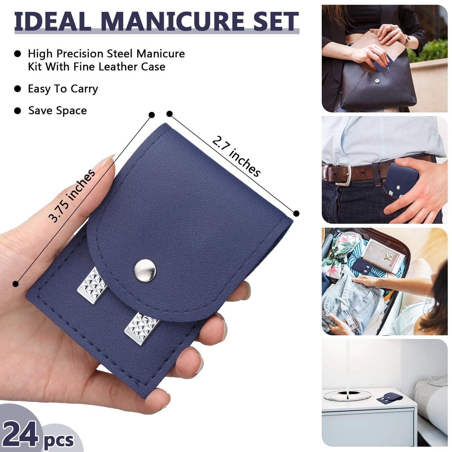 Lasnten 24 Set Valentine Manicure Set Bulk Nail Clippers Grooming Nail Kit Stainless Steel Professional Pedicure Tools Kit with Travel Case for Men Women Valentine's Day Gift(4 in 1,Dark Blue)