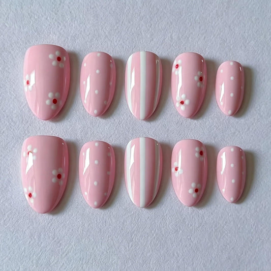 30Pcs Light Pink Press on Nails Short Almond Fake Nails with White Daisy Flowers & Polka Dots,Vertical Stripes Design, Glossy Cute False Nails Full Cover Stick on Nails for Women Manicure Decor