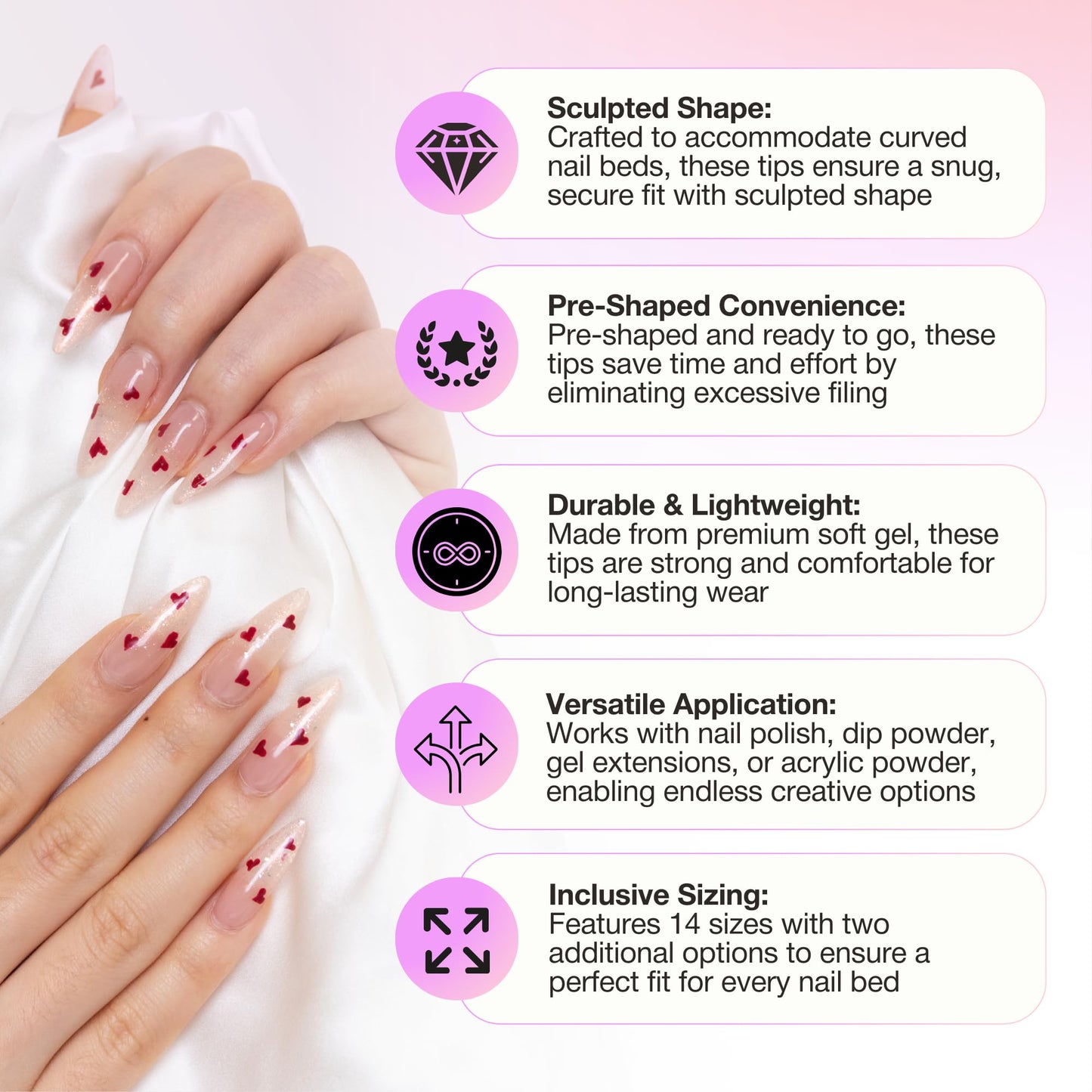 Curacoro Sculpted Medium Stiletto Gel Nail Tips 420Pcs, Clear Full Cover Soft Acrylic Tips 14 Sizes, Easy to Use, Long-Lasting, Glossy Finish