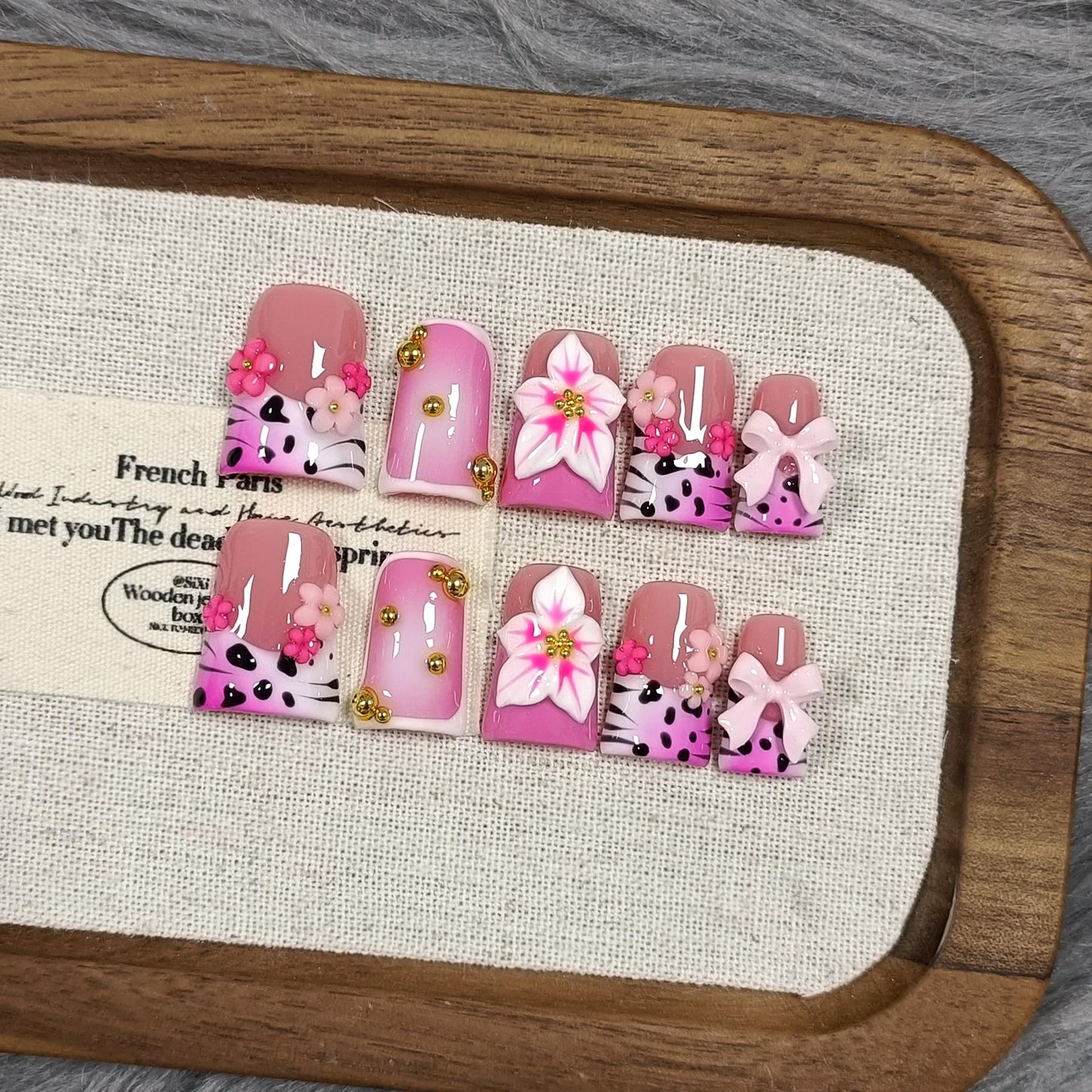 TENPAL 10Pcs Ballerina Press On Nails With Tools,Animal Print Flushed French Tips Glue on Nail with Gold Beads,3D Bow Flowers Designs Fake Nails,Glitter Sweet Punk Acrylic Duckbill Coffin Nails(M)