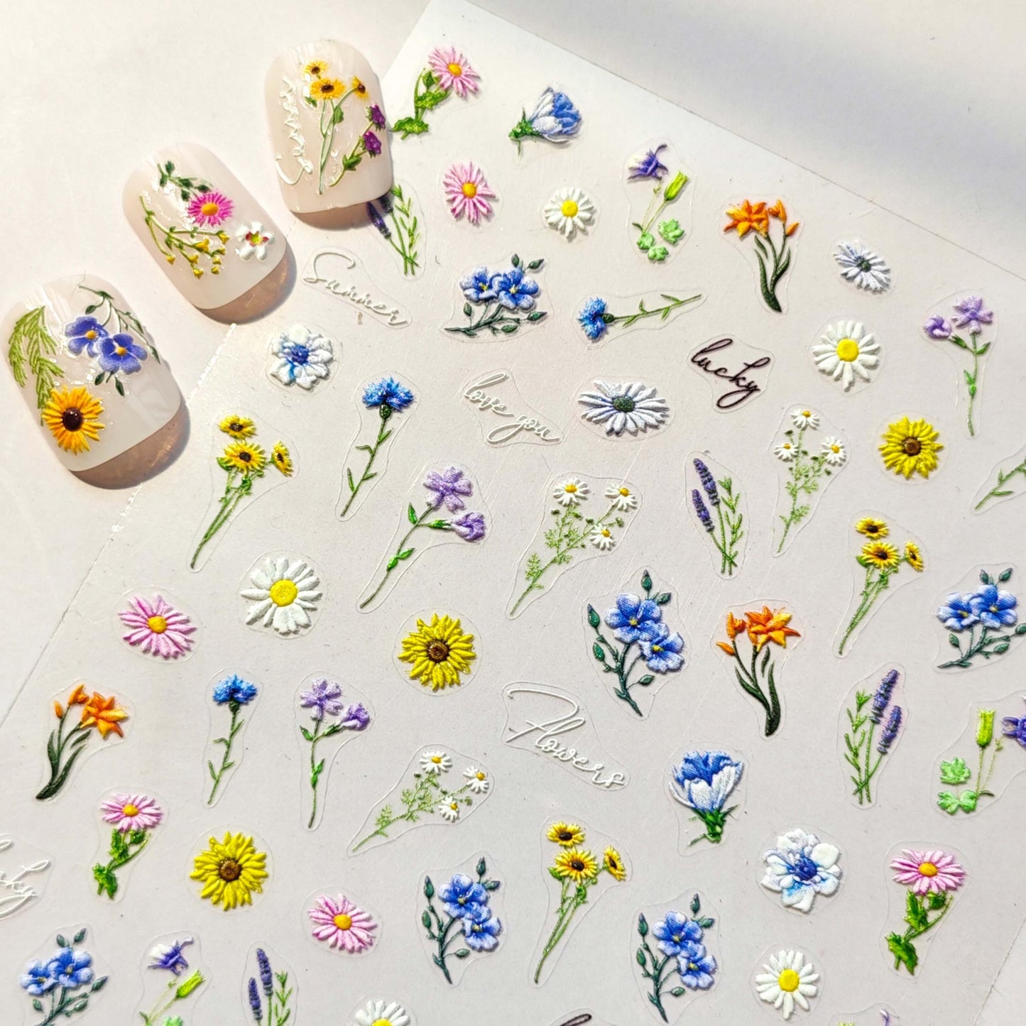 Flower Nail Stickers Spring Nail Art Decals Wildflower Daisy Sunflower Nail Decals 5D Embossed Stickers for Nails Designs Self Adhesive Nail Art Supplies & Decorations for Women Girls 1 Sheet