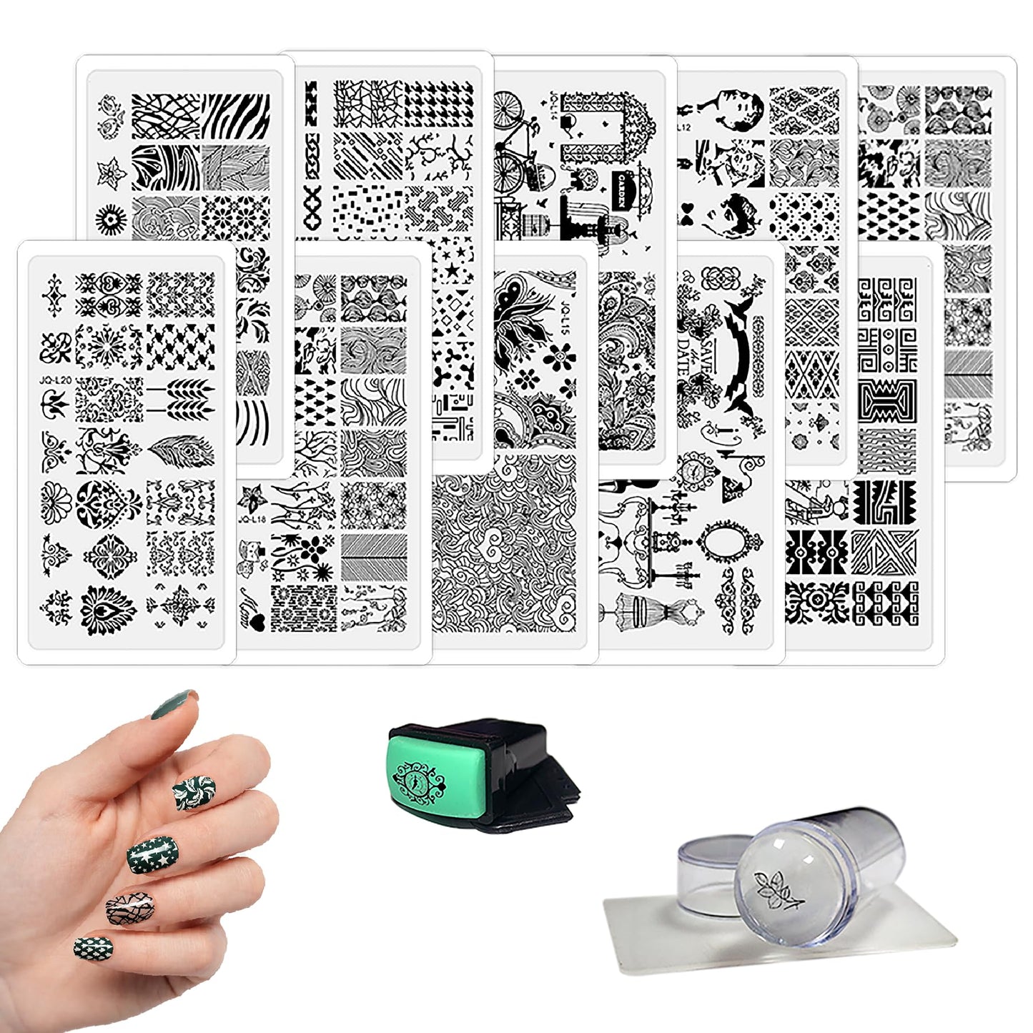 Beauty Leader 10 Nail Plates Mix Designs Nail Art Image Stamp Stamping Plates Manicure Template Nail Art Tools +2 Pcs Stamper DIY Stamping Plate(11-20)