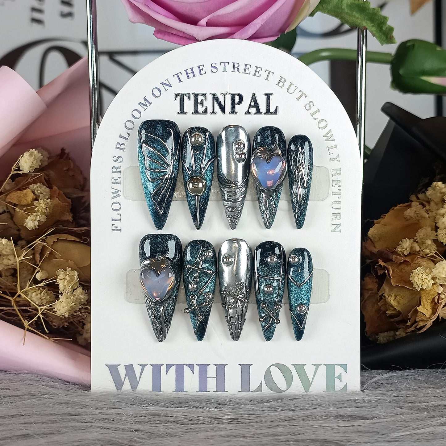 TENPAL Handmade Press on Nails Long Stiletto,Galaxy Ombre Blue-Black Fake Nails with 3D Butterflies Cross Beads Gem Stones,Edgy Y2K Metal Embossed Meteor Glitter Design Salon False Nail Kit 10pcs(L)