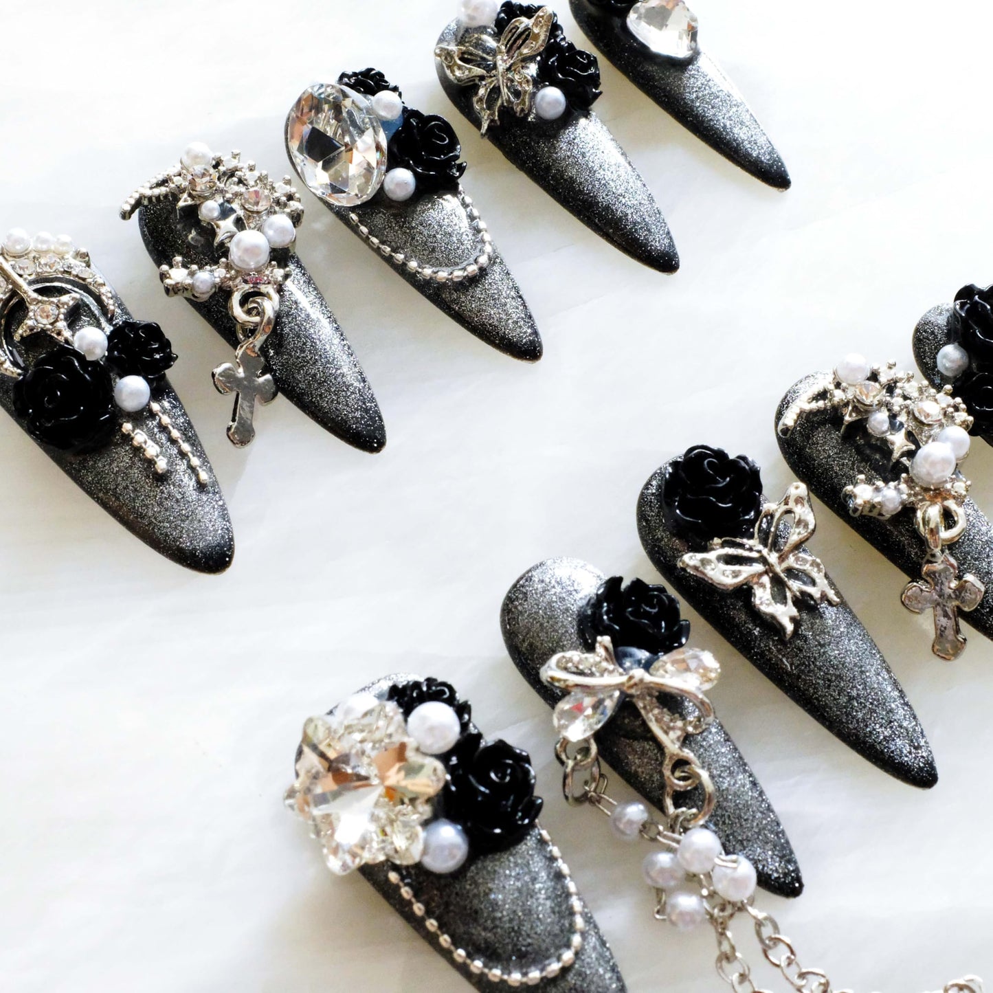 GLORS Luxury Long Stiletto Press-On Nails, 3D Black Roses with Silver Glitter, Pearl and Rhinestone Decorations, Handmade False Nail 10 Pieces (Small, LS)