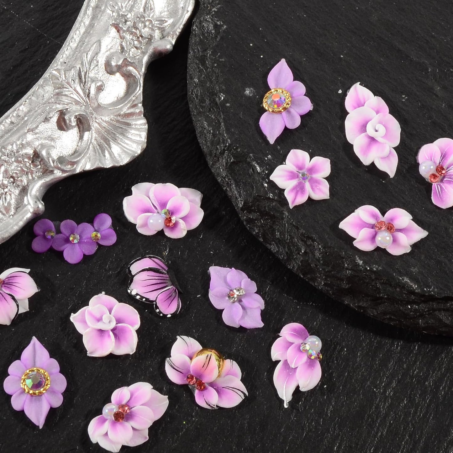 30PCS 3D Handmade Flower Nail Art Charms Advanced Handcrafted Cherry Blossom Flower Colorful Sculpted Floral Nails with Rhinestone Caviar Beads Design for Women Profession Nail Art Craft Jewelry