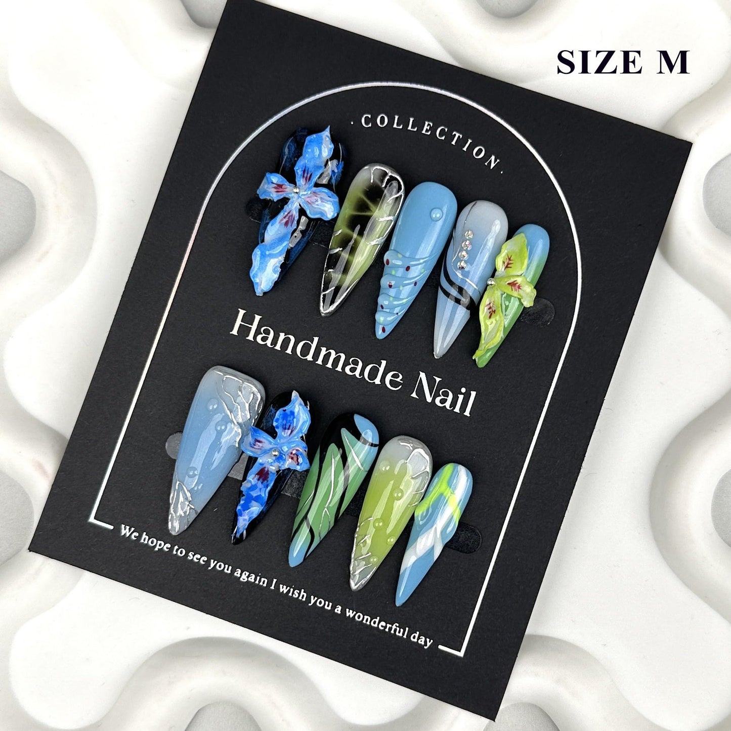 LIFOOST Handmade Press On Nails Long, Blue Press On Nails Stiletto, Carving Flowers 3D Nails with Rhinestones