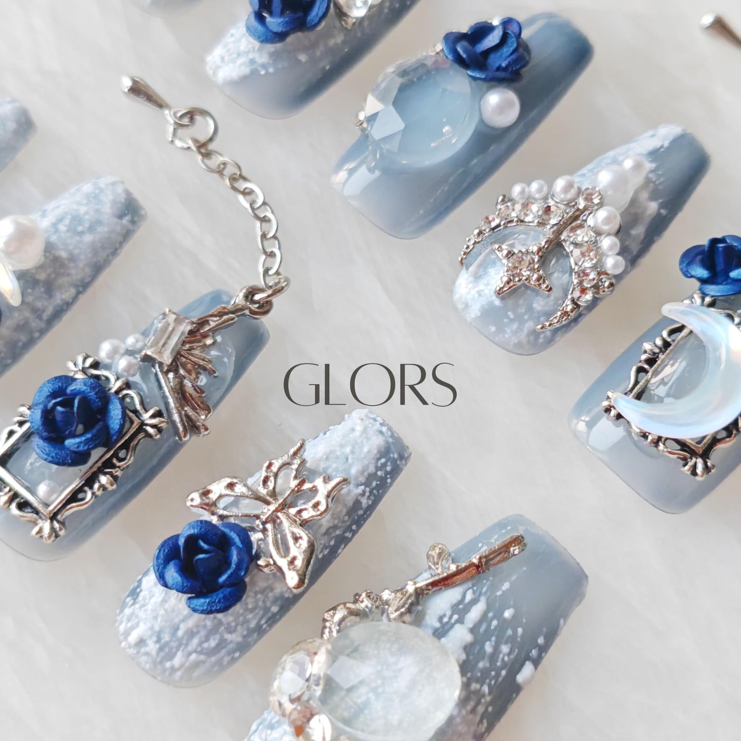 GLORS Handmade Press On Nails, 3D Blue Rose Design with Moon Charms, Long Coffin Style, 10 Pieces (Small,LB)
