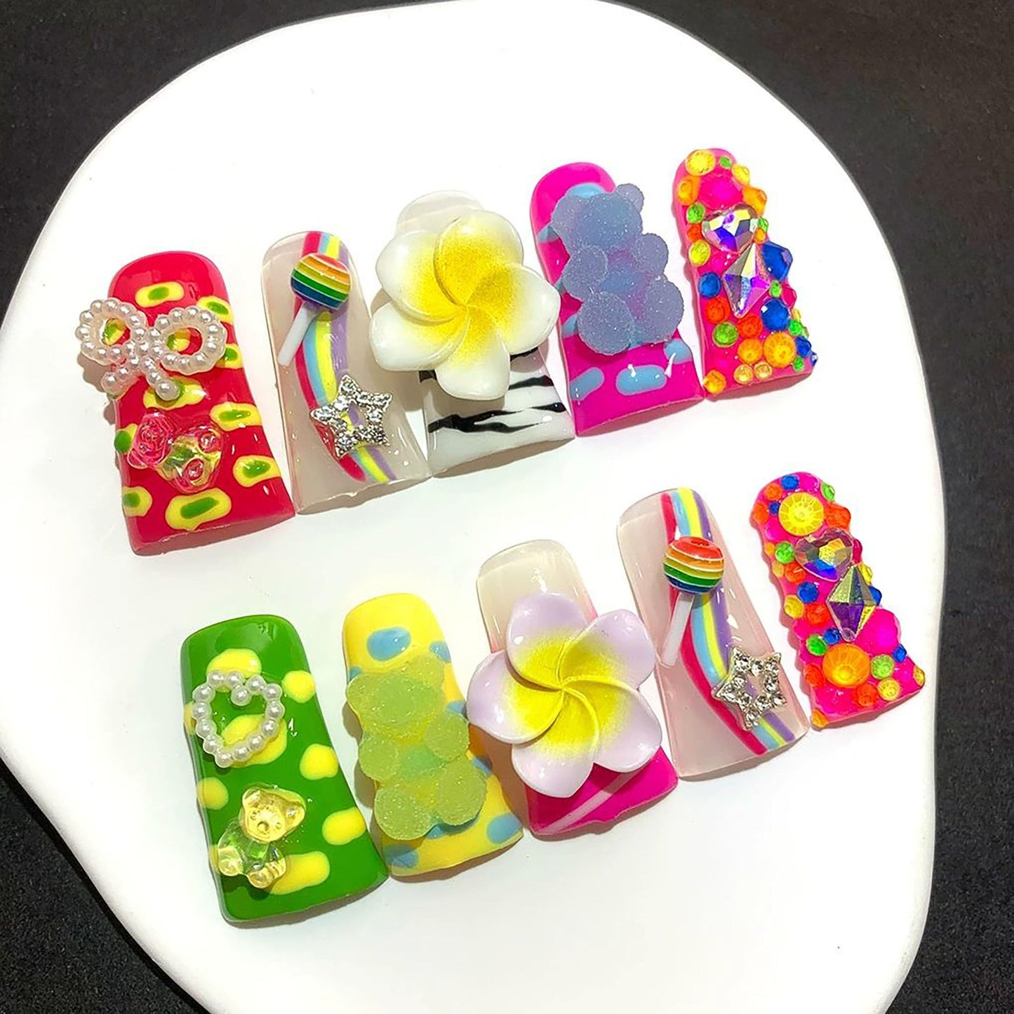 Qicaijia 10Pcs Press on Nails Long Handmade Duck Fake Nails 3D Charms Flower False Nails with Glue Colorful Twinkle Candy Artificial Acrylic Reusable Stick on Nails for Women (Size M)