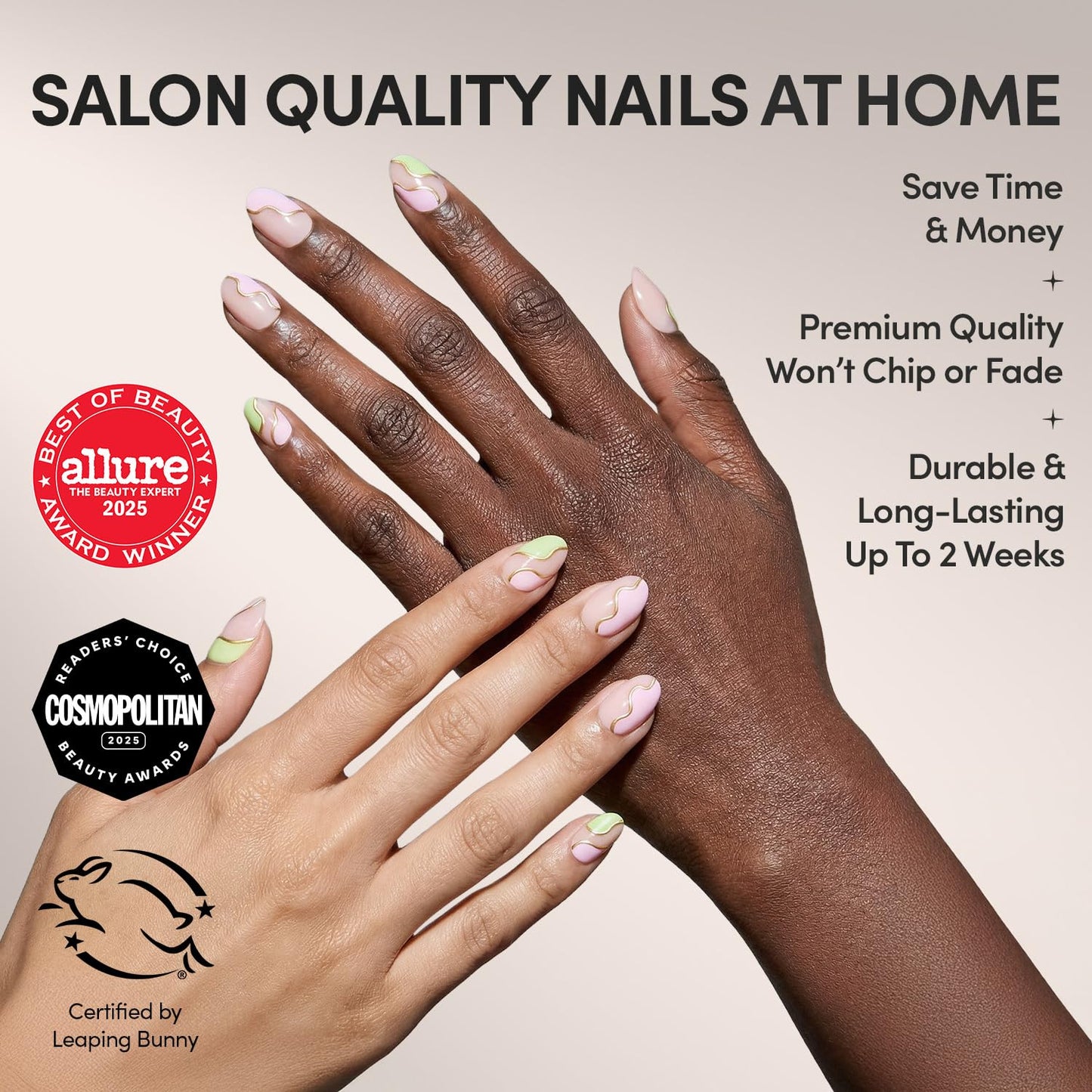 Glamnetic Press On Nails - Short Oval Fake Nails, Pink & Green Swirl Nails with Gold Foil Accents, Strawberry Matcha | 15 Sizes - 30 Nail Kit with Glue | Gift for Mom