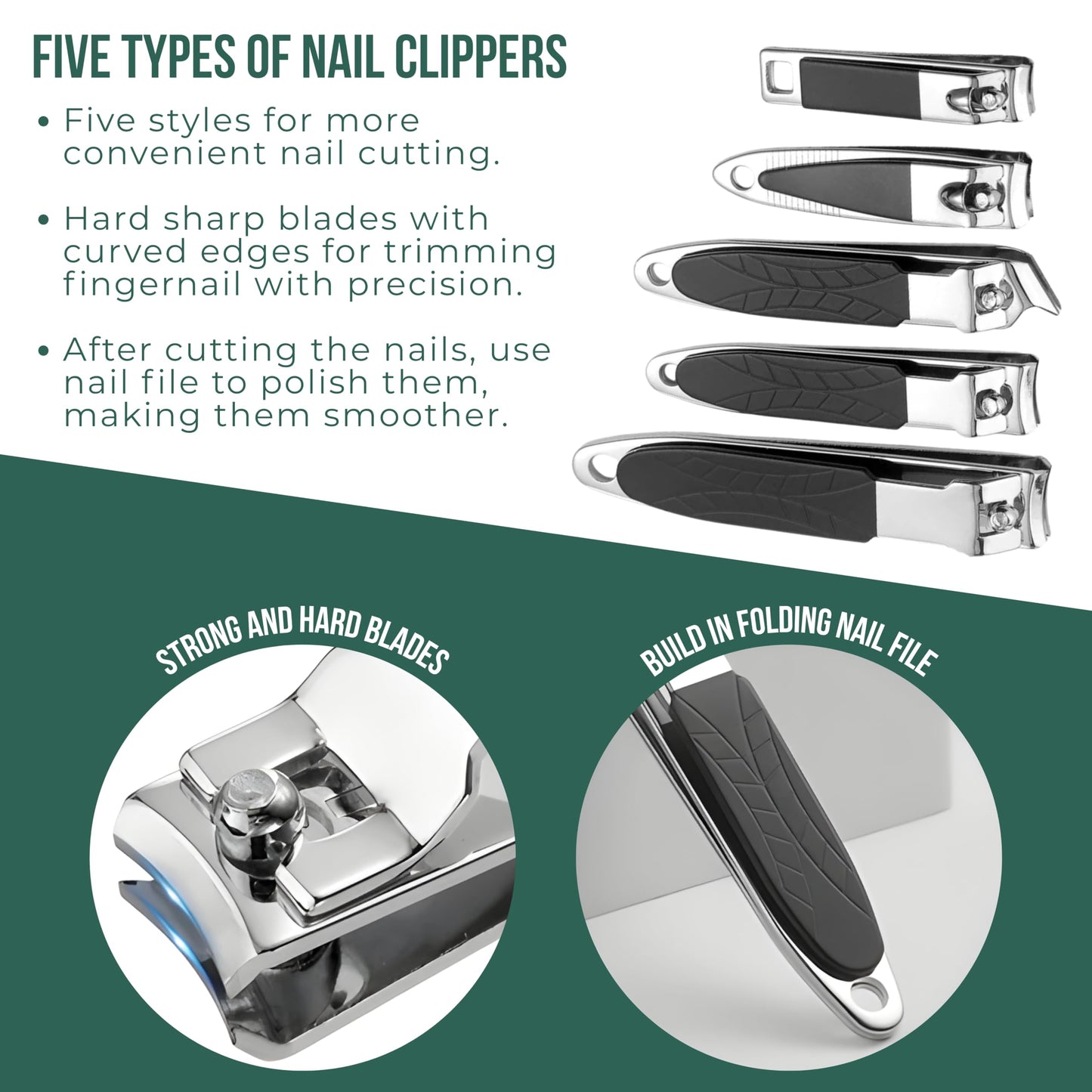 Kozaare: Nail Clippers Set Fingernail and Toenail Clipper Cutters for Men and Women, Professional Manicure Pedicure Grooming Kit, 40 Pieces Stainless Steel Nail Care Tools Travel Case (Green)