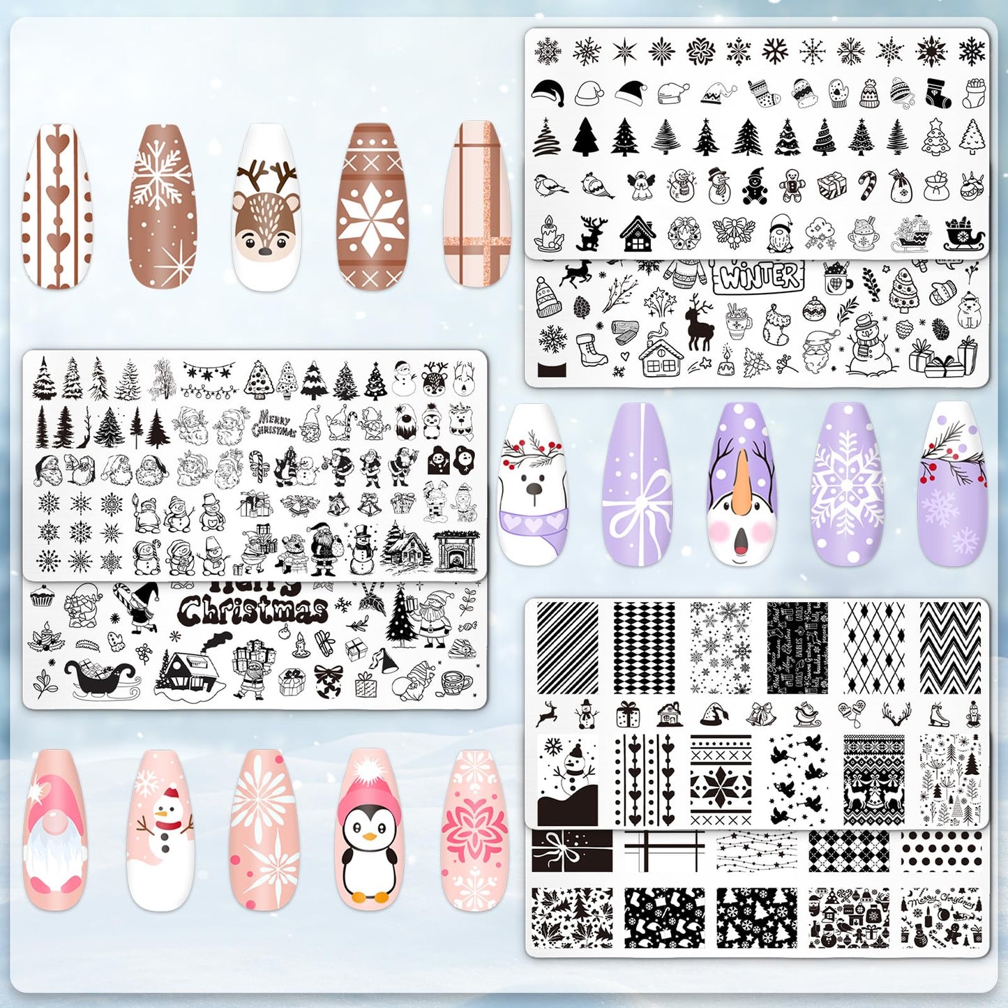 Whaline 6Pcs Winter Christmas Nail Plates Stamping Set Stamp Templates Xmas Tree Snowman Snowflake Santa Claus Nail Art Plates for DIY Print Manicure Salon Design