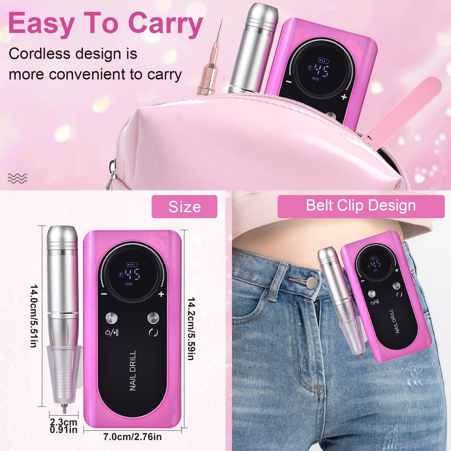 siyuwuro Portable Nail Drill 45000 RPM Professional Cordless Rechargeable Electric Nail File for Removing Polishing Acrylic Gel Nails with 6 Drill Bits & Sanding Bands, Nail Salon Home Use, Purple