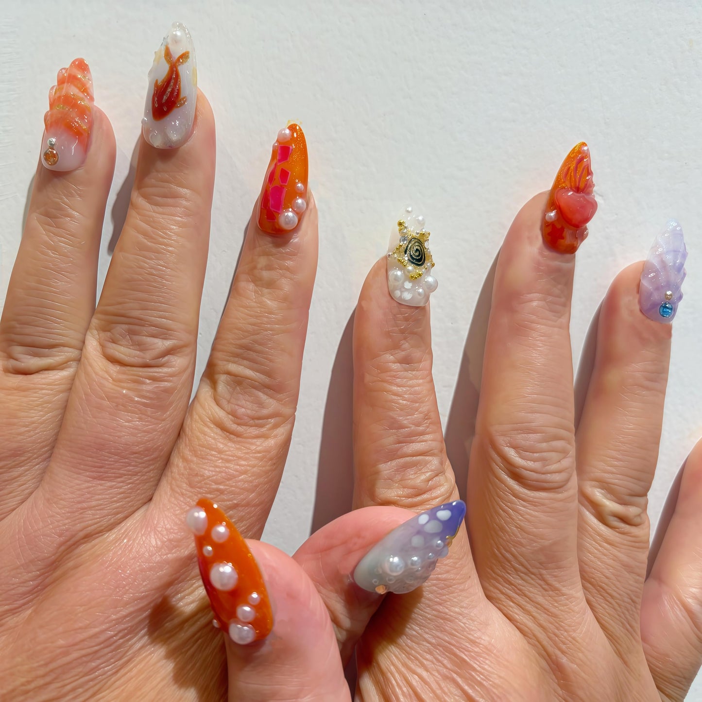 Handcrafted Press On Nails Iridescent Mermaid Ocean Theme 3D Pearl Glitter Goldfish Design 100% Handmade Realistic Artistic Hand Nail Gifts For Women (Mermaid Ocean Shape, Medium M)