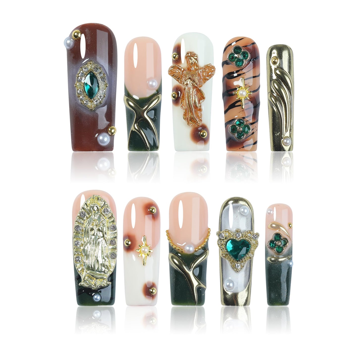 Luxury Baroque Press-On Nails 10pcs, Handmade Long Square Acrylic Nails with Sculpted Gold Relief, Gemstone Heart Charms & Pearl Details, Vintage Green Brown Glossy Design for Statement Style – Appife