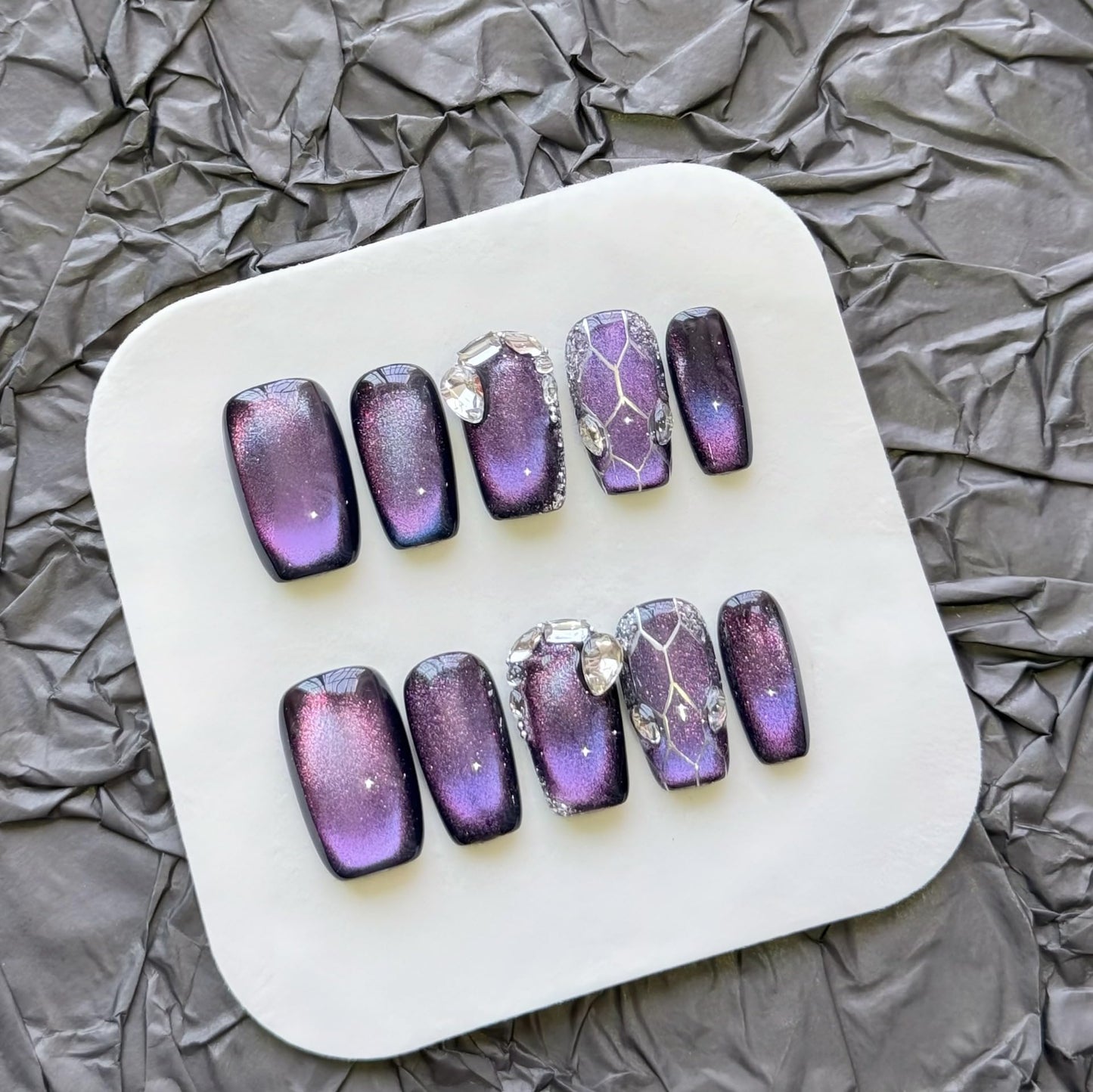 Purple Cat Eye Press On Nails - Galaxy Nebula Design with Crystal & Cracked Stone Accents, Short Coffin Shape, Reusable False Nails for Women (S)