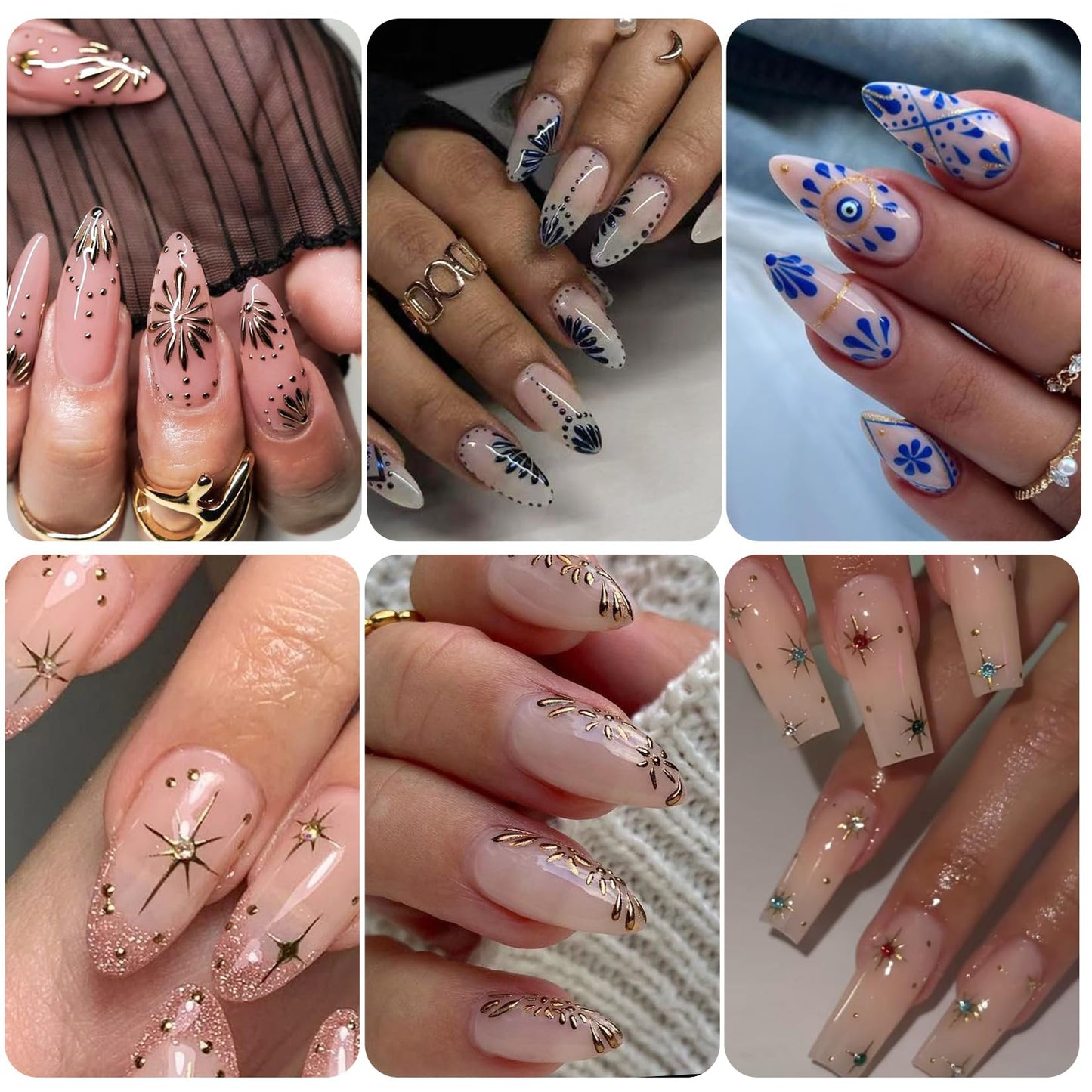 Bohemian Stickers for Nail Art 12PCS Boho Styles Nail Decals Blue Totem Gothic Nails Art Desigsn Metallic Gold Silver Star Self-Adhesive Sliders for Gel Polish Acrylic Supplies DIY Manicure Decor
