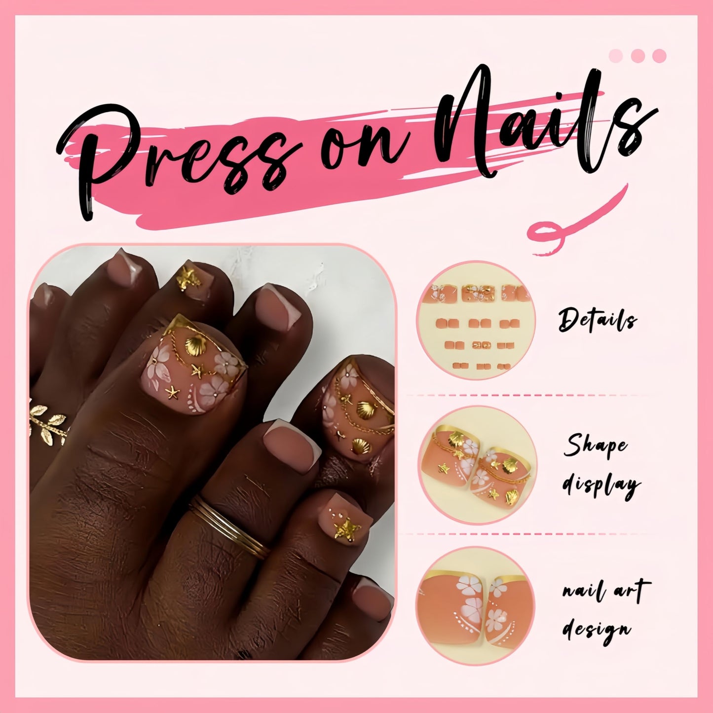 Gold French Tip Toe Press on Nails Short Square Toenail Press ons Glossy Fake Toe Nails with Starfish Shell Rhinestones Design Glue on Toe Nails Reusable Stick on Toenails for Women Decorations Set