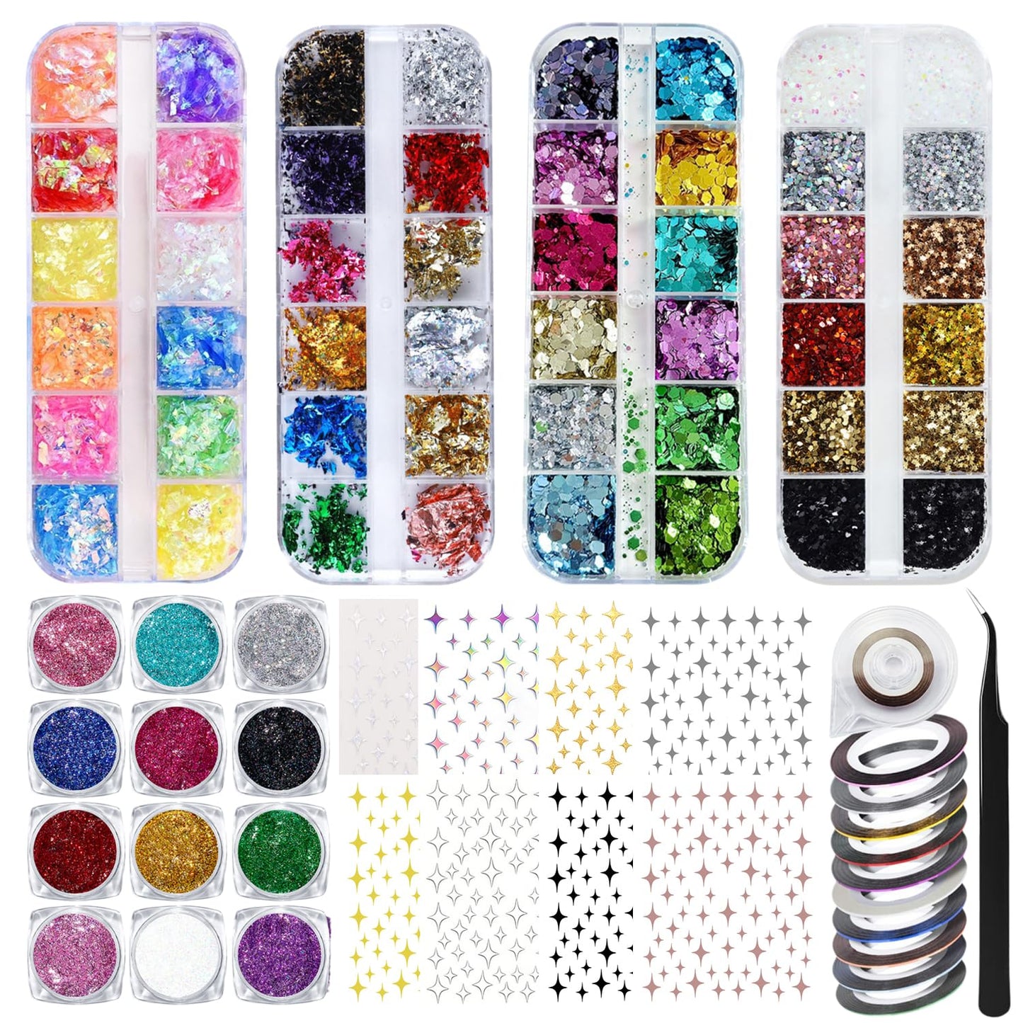 GZMAYUEN Nail Art Kit, Holographic Nail Sequins Shapes, Nail Gliiter Powder, Nail Stickers, Nail Art Brushes Set, DIY Design Manicure Decorations Sets for Nail Art