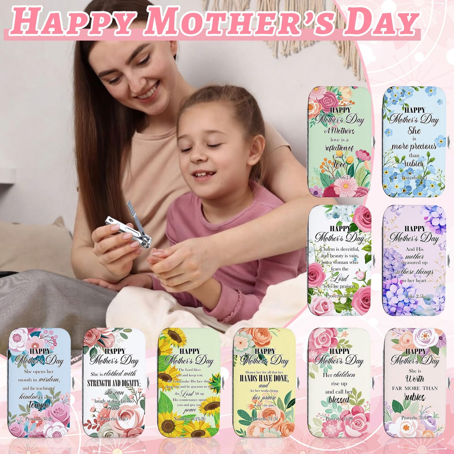 Chumia 20 Sets Mother's Day Christian Nail Set Bulk Bible Scripture Manicure Kit Stainless Steel Nail Clipper Set Happy Mother's Day Floral Religious Christian Gift for Mom Women Church Supplies