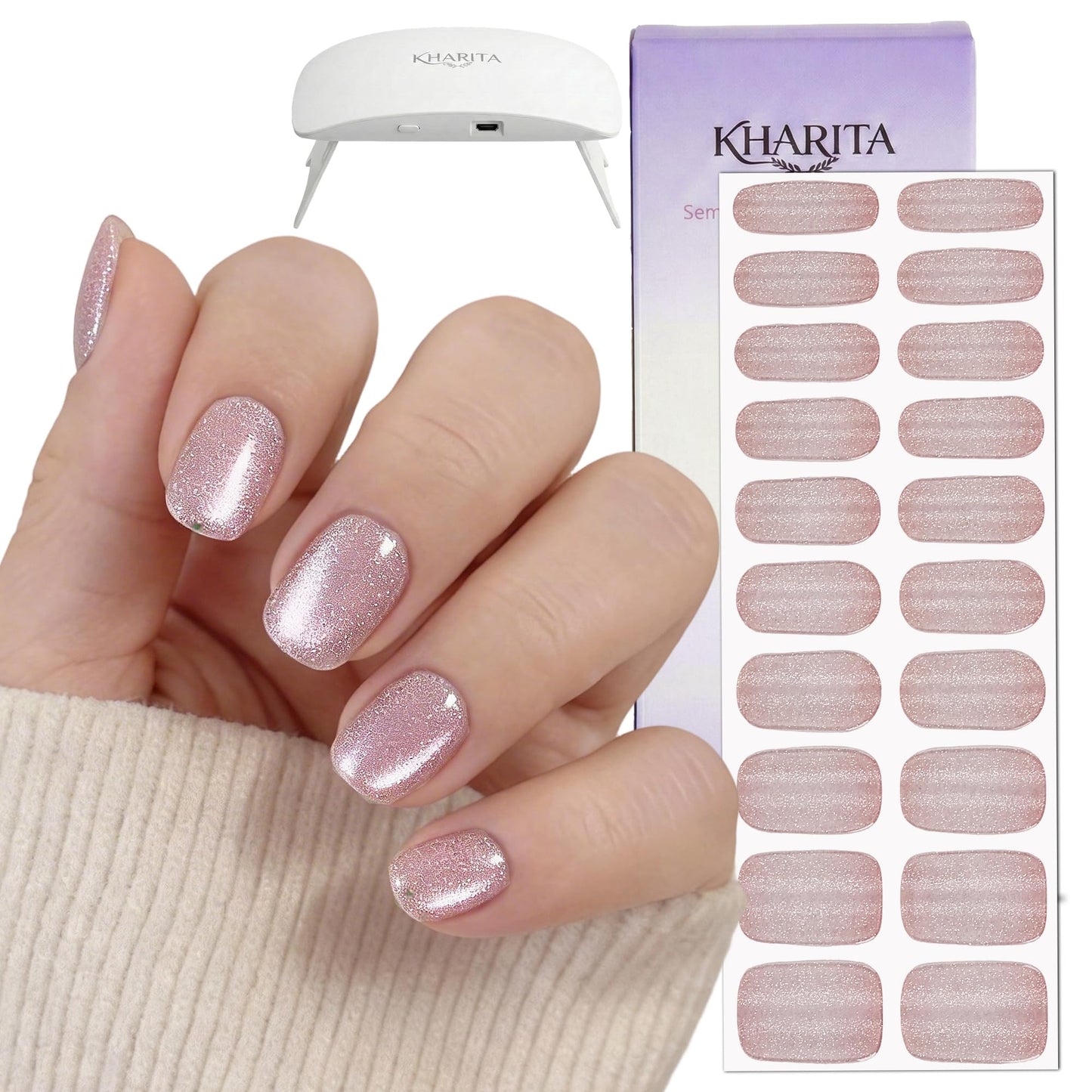 KHARITA Semi Cured Gel Nail Strips – Real Gel Nail Polish Wraps for Brittle Nails | Long Lasting Easy Peel-Off Removal | Hema-Free | 20-Piece Glitter Cat Eye Pink Salon Sticker Kit with UV Light