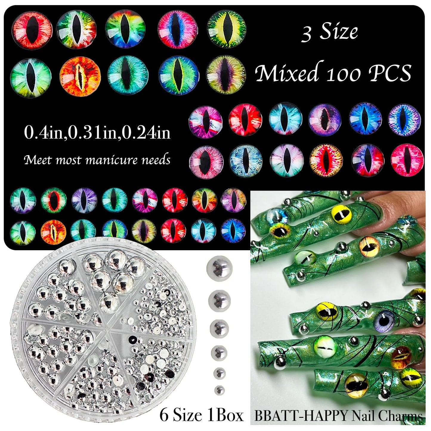 BBATT-HAPPY 240PCS Nail Charms for Acrylic Nails，Junk Nail Theme Eye Pill Puncture Dice Billiards Silver Half Round Pearl Nail Decorations ，Nail Accessories for Nail Art Supplies Manicure DIY