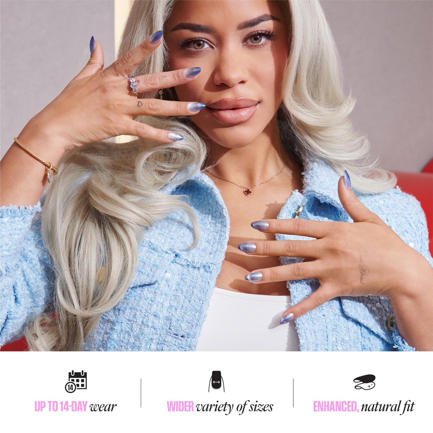 Kiss Glam, Press On Nails, Nail glue included, 'Ripple', Pink, Medium Size, Almond Shape, Includes 32 Nails, 2g Glue, 1 Manicure Stick, 1 Mini File