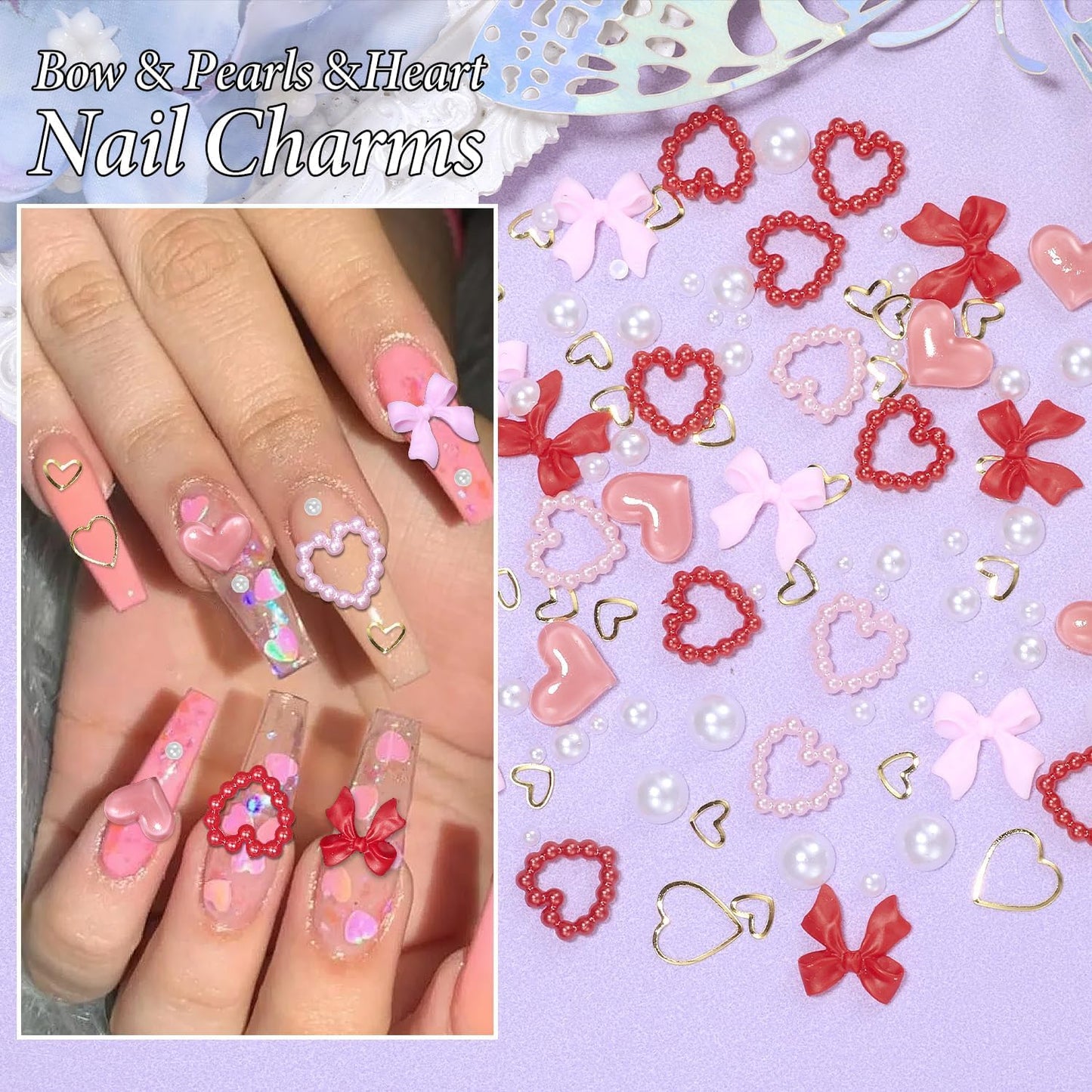 220 Pcs Gold Bow Heart and Acrylic Nail Art Charms, Love Nail Rhinestone and Gems, Pink Red Hearts Bowknot Junk Case Charms for Y2K Nail Art Manicure Design