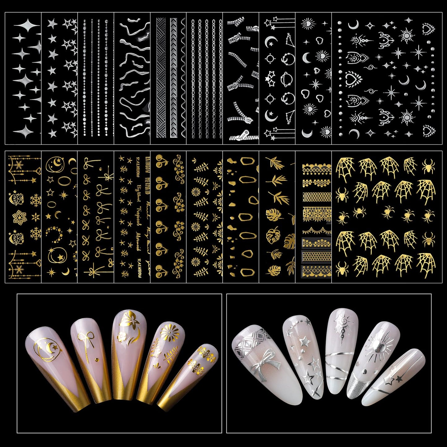 Teenitor Nail Charms and Gems with Nail Stickers, 6 Boxes Silver & Gold Nail Gems and Rhinestones Kit for Women, 3D Nail Art Rhinestones Nail Pearls, Caviar Beads for Nails,Y2K & Cross Nail Charms