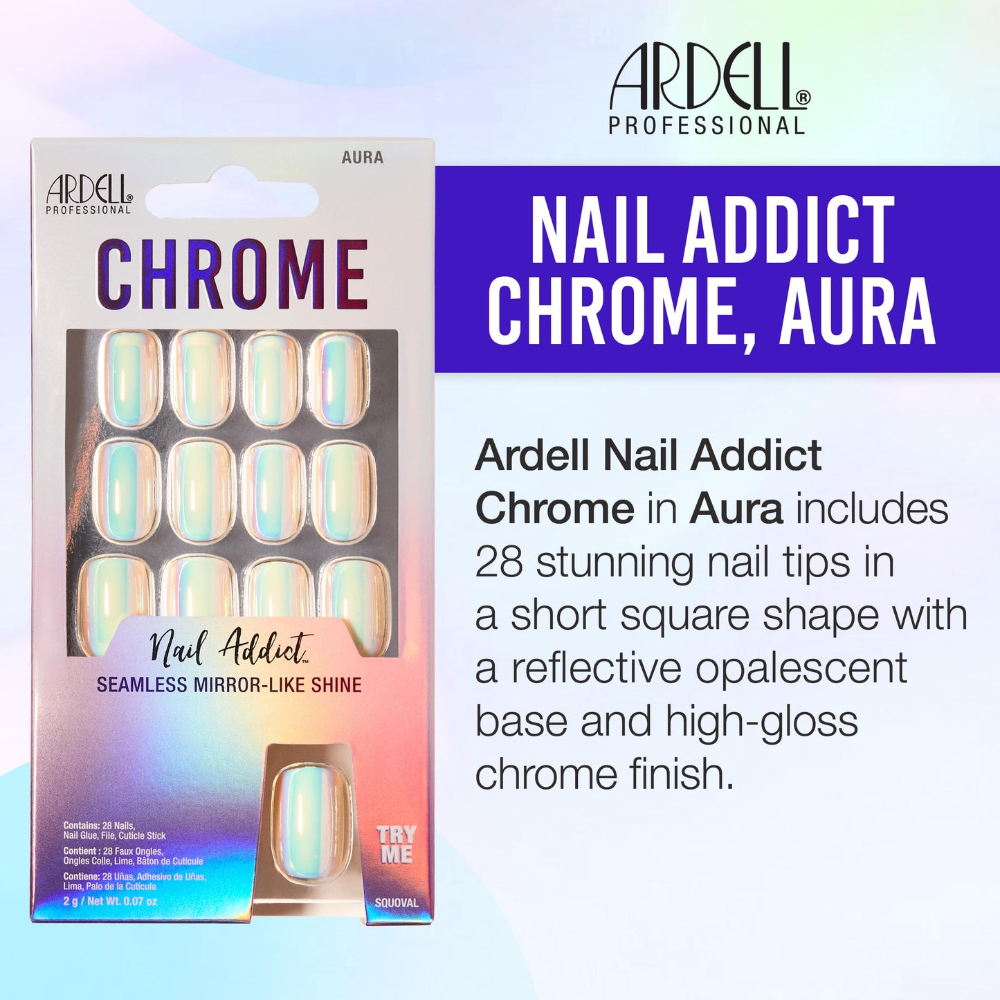 Ardell Chrome Press On Nails Aura – Mirror-Like Chrome Finish Fake Nails, Reusable Glue On Nail for Instant Salon Manicure, Nail Kit, 1 Pack