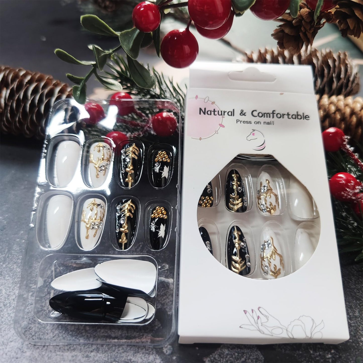 3D Elk Medium Almond False Nails Xmas Bell Stick on Fingernails Christmas Press on Nails Glossy White Snowflake Acrylic Fake Nail 24Pcs Rhinestones Gel Glue on Nail for Women Xmas Gift