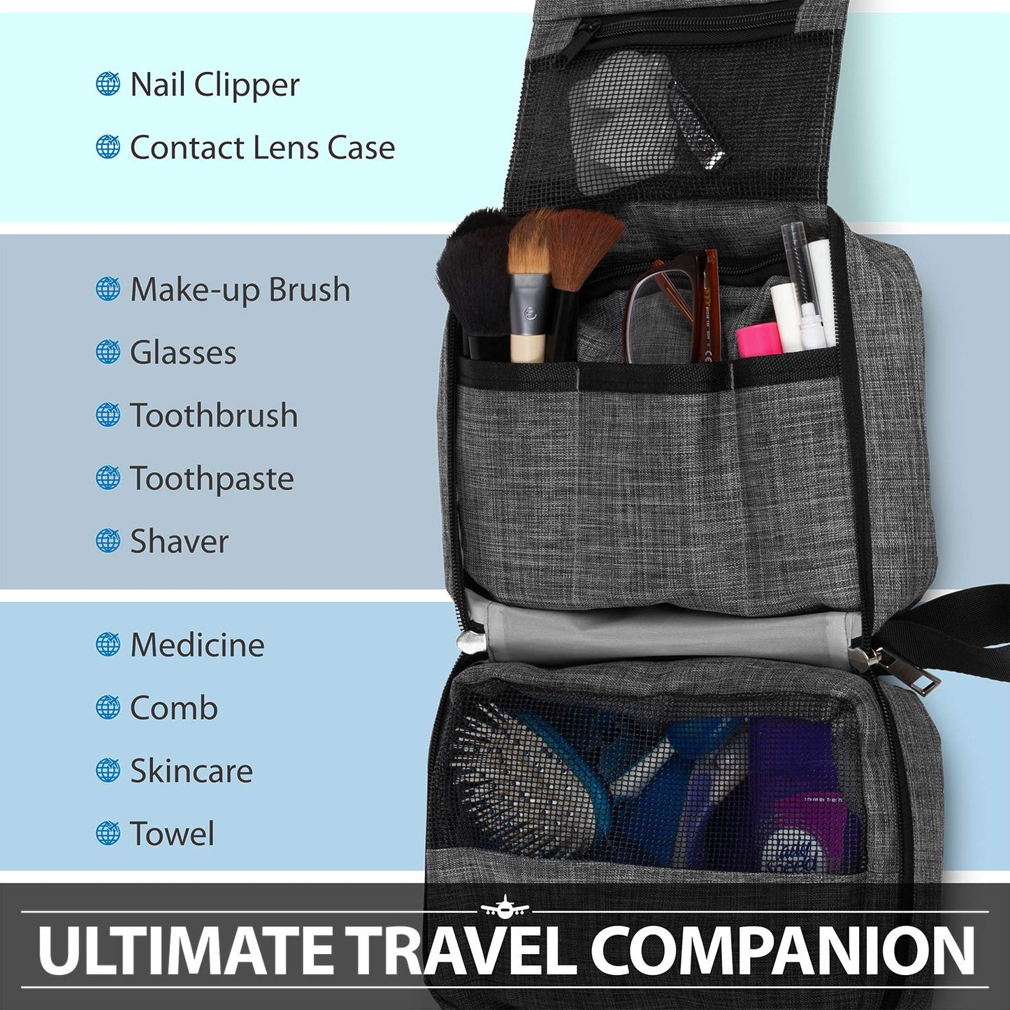 Fosmon Hanging Travel Toiletry Bag, Compact Toiletries Organizer, Cosmetic Makeup Portable Bag, Shower Bathroom Shaving kit, Hygiene Water-Resistant Carrying Travel Accessories for Men and Women