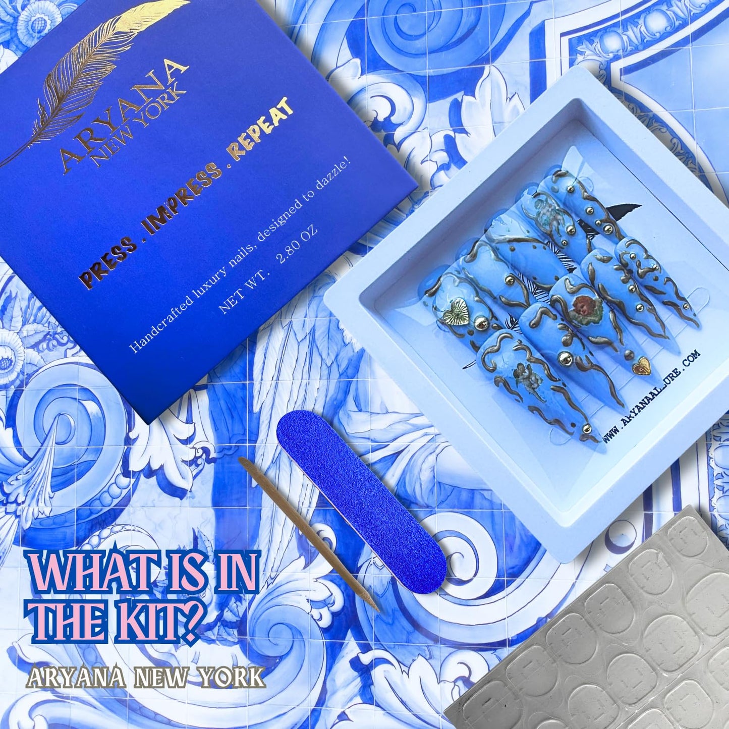 ARYANA NEW YORK 3D Press on Fake Nails Blue Angels Long Stiletto Press on Luxury Design for Women 10 PCS Acrylic Handmade, Blue Angels Collection- (Small)