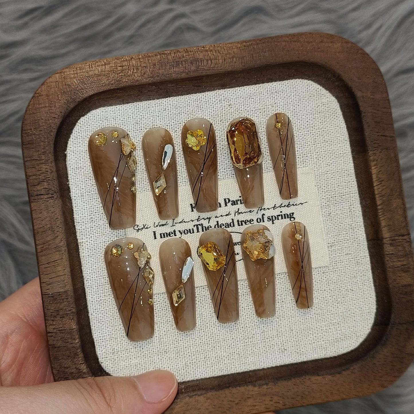 TENPAL 10PCS Long Coffin Press on Nails with Tools Kit - Autumn Woodland Hand-Painted Design Fake Nails | Rustic Brown Gold Leaf & Crystal Glue on Nails | Long Fall Nails for Sweater Weather(XS)