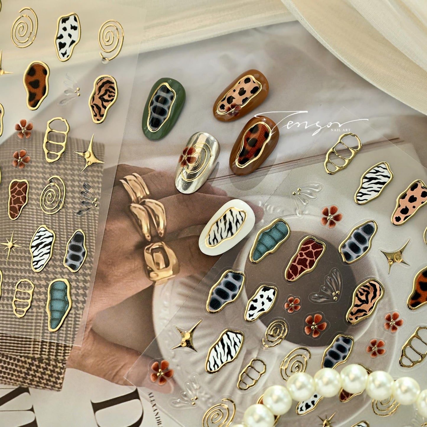 Leopard Nail Art Stickers 5D Embossed Irregular Geometric Nail Decals Gold Nail Stickers for Nail Art Brown Leopard Nail Design Charms Decoration Accessories for Women and Girls