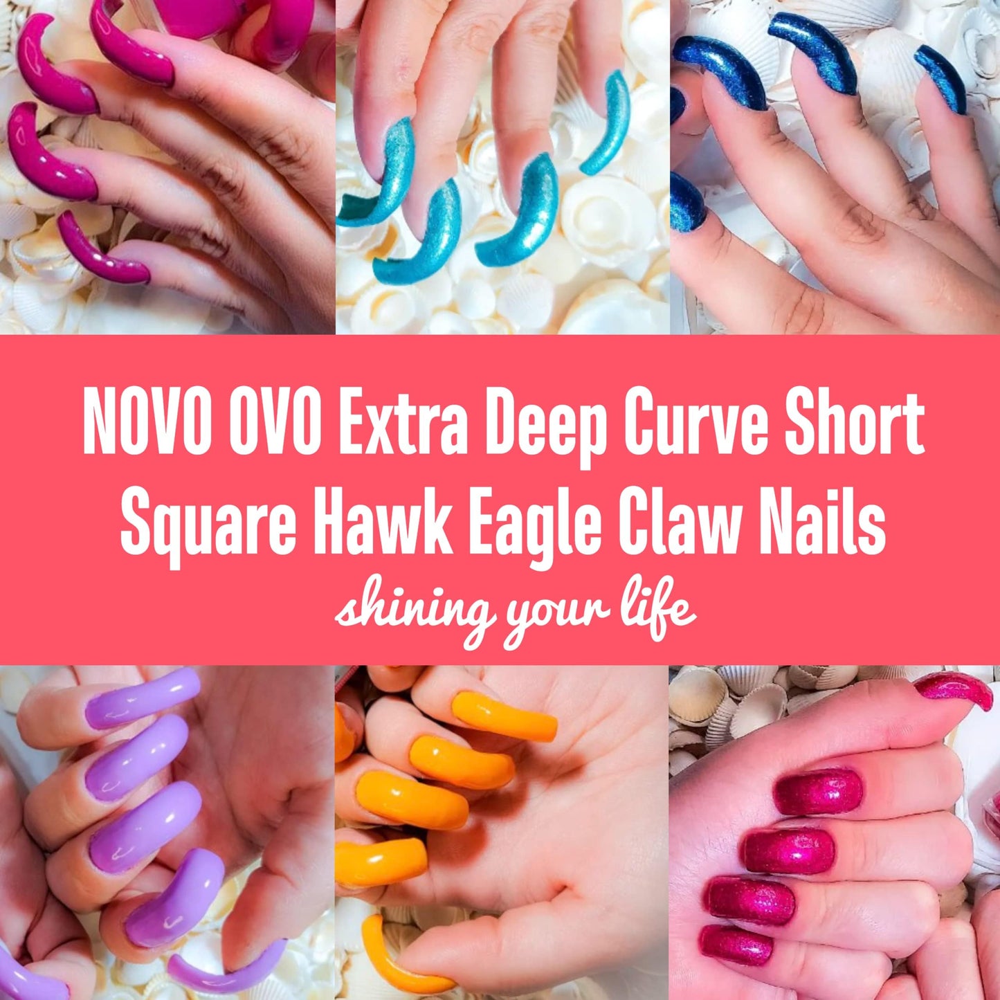NOVO OVO Halloween 500 pcs Hawk Curved Transparent Clear Cystal Extra Super Extreme Deep Curve Half Cover Short Square Tapered Eagle Claw False Nail Extension Tips Acrylic Nail 10 Sizes Bag Packaging
