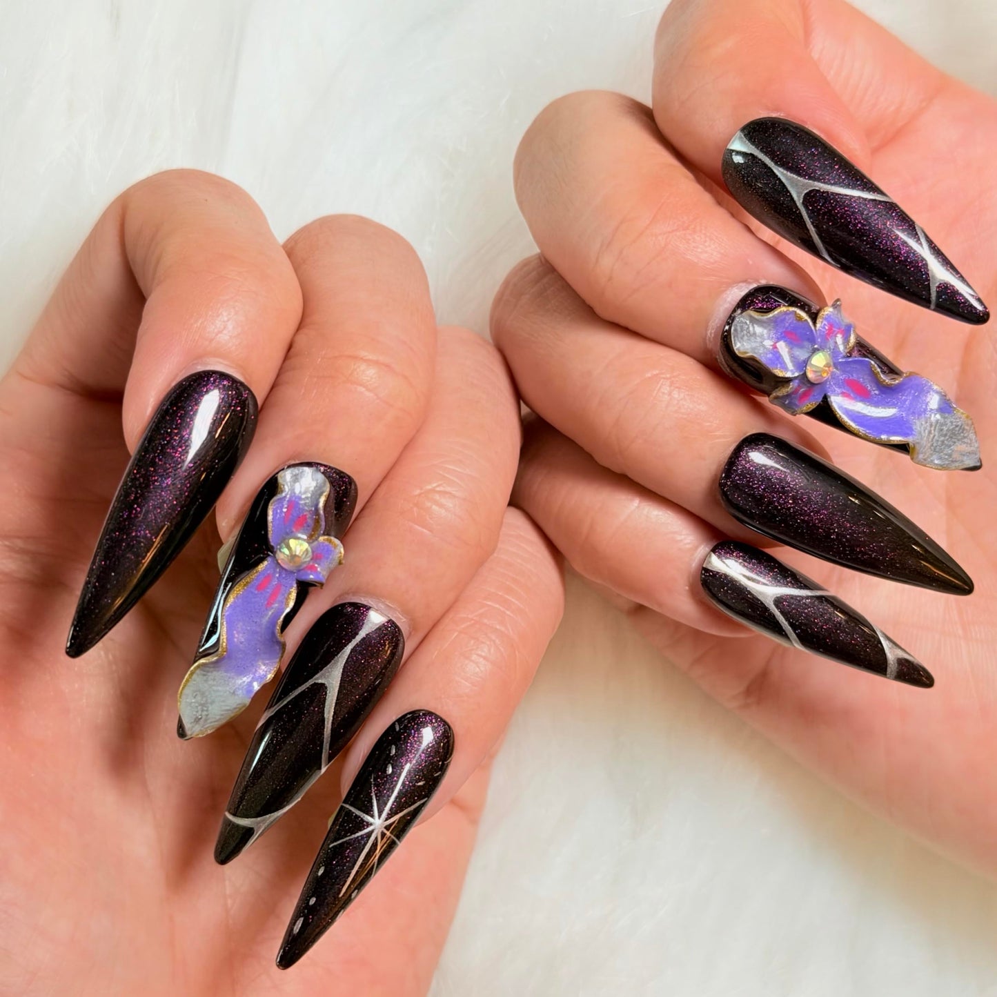 Avilux Press On Nails – Handmade, Reusable, 3D Designer Nail Art, 10Pcs Fake Nails for Women and Girls, Perfect for Holidays, Parties & Gifts (Mystic Orchid Glitter, Medium)