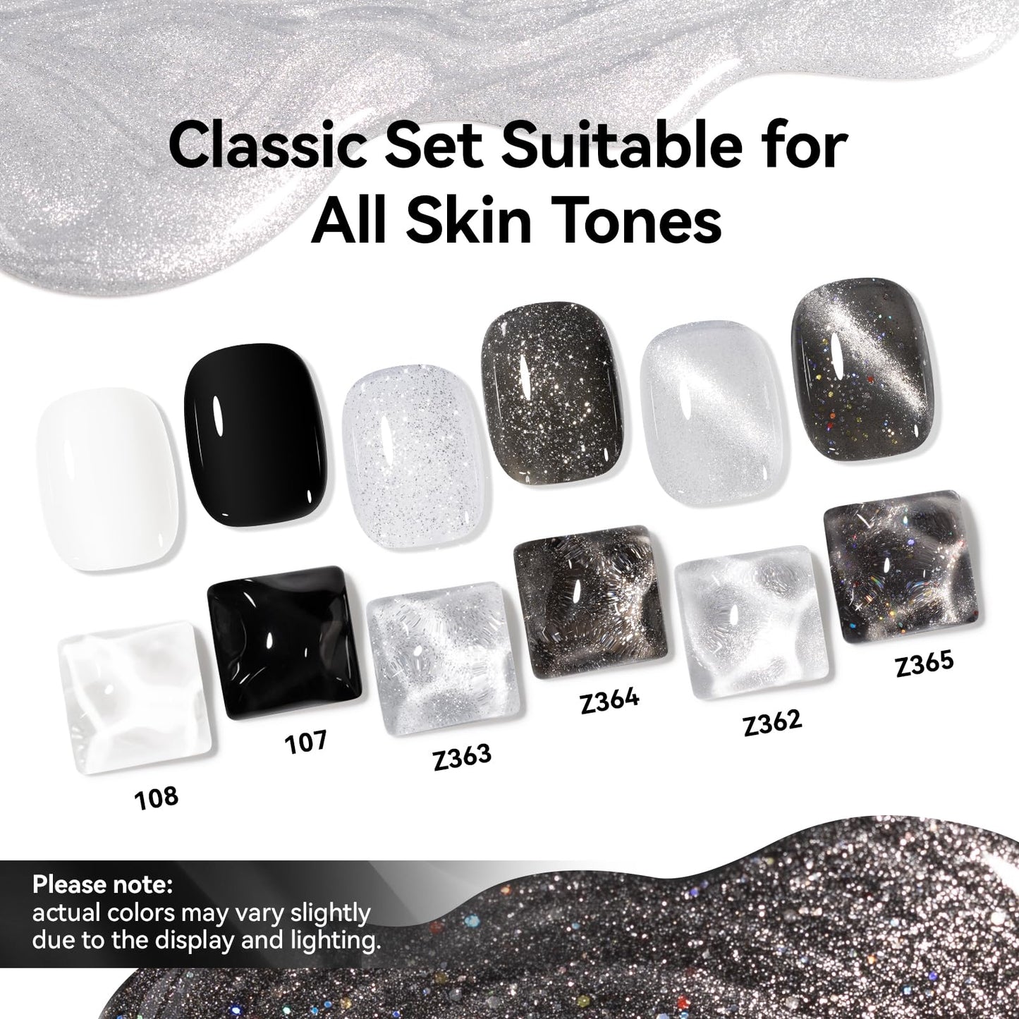 Nailshion Nail Polish Set 6 Colors Black White Silver Gray Sparkle Cat Eye Glitter Shimmer Nail Polish Kit with Magnet, Quick Air Dry Non Gel, Nail Art DIY Home Travel Manicure Gift for Women Girls