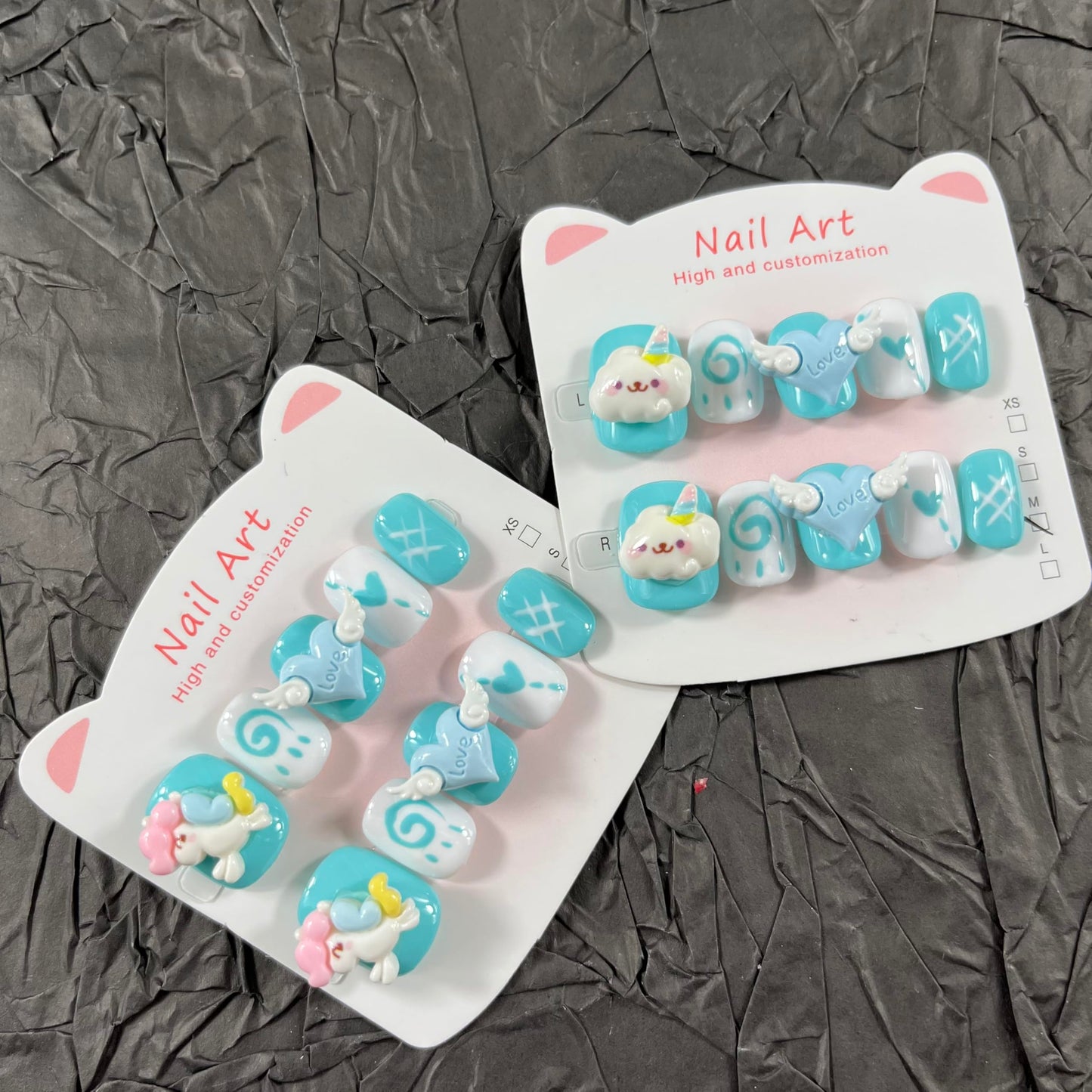 Short Press on Nails Handmade Nails 10Pcs Cartoon Nails Cute Mini Nails Blue Fake Nails for Women Party Holiday Photo Daily Wear 1.5CM Size M