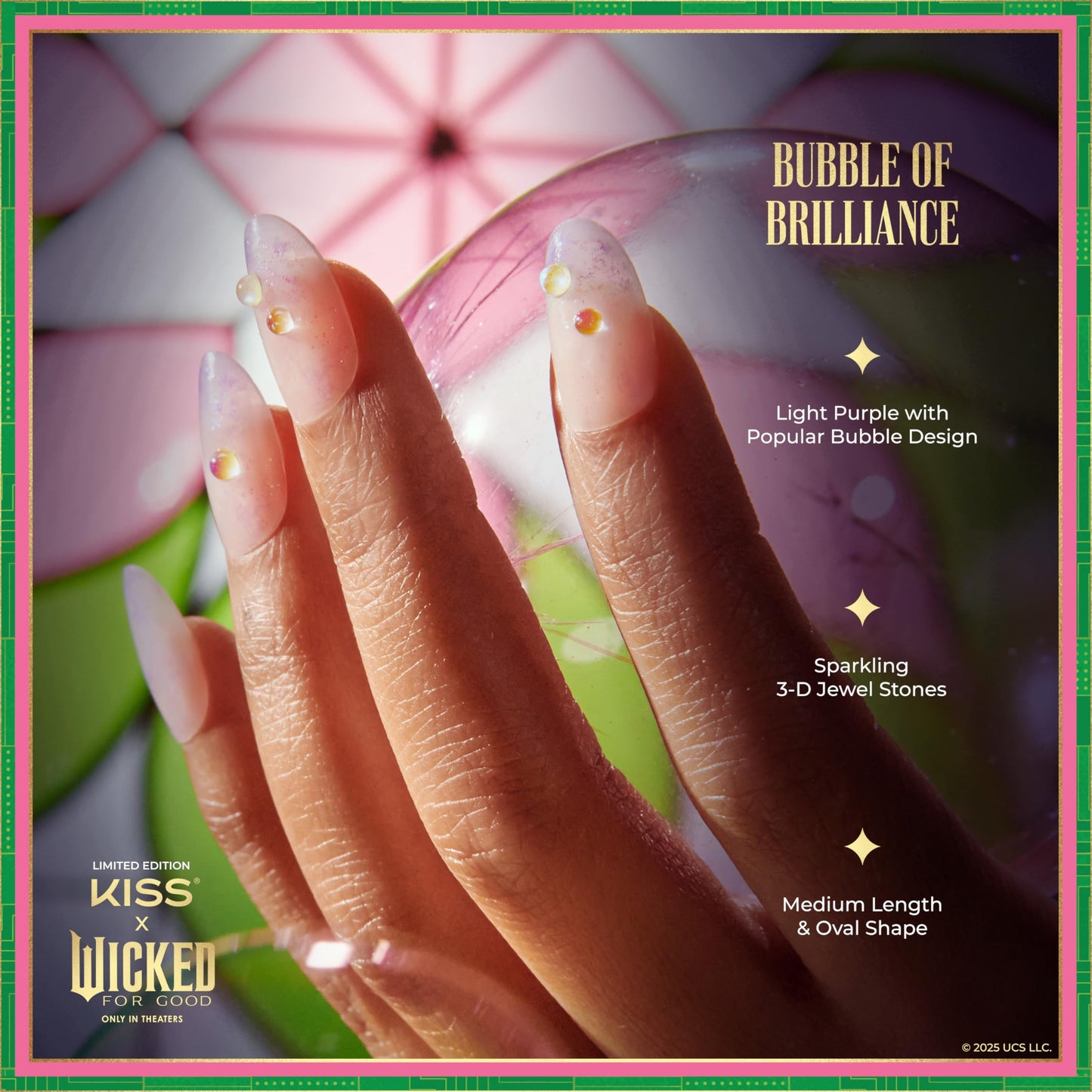 KISS X WICKED: FOR GOOD Press On Nails, ‘Bubble Of Brilliance’, Purple, Medium Oval, Waterproof, Chip Proof, Smudge Proof, 28 Fake Nails, Pink Gel Nail Glue (2g), Mini Nail File, & Manicure Stick